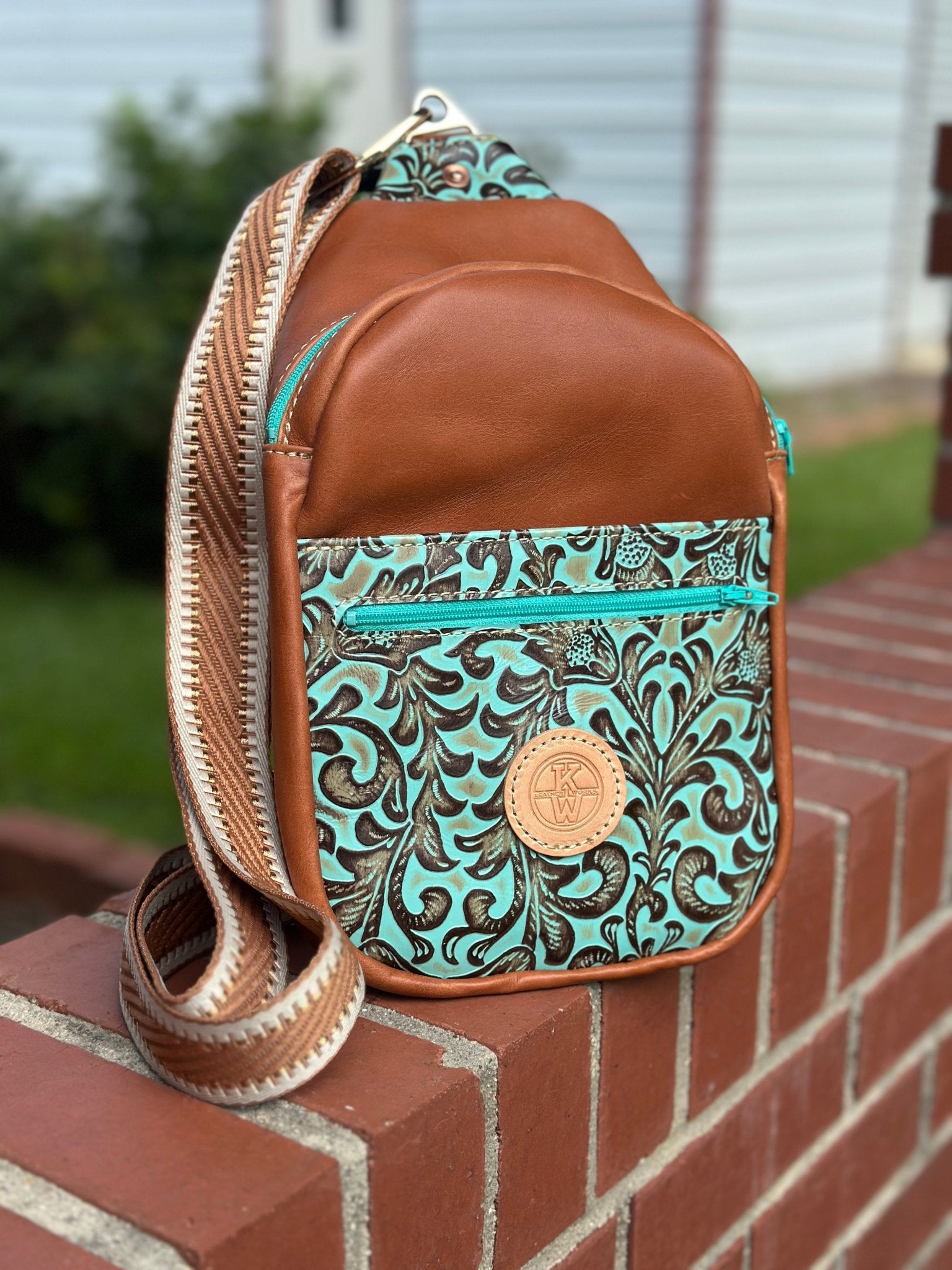 Turquoise Tooled Leather Sling Bag | Crossbody Backpack | Main Street Collective Handmade | Unique Designer Bag