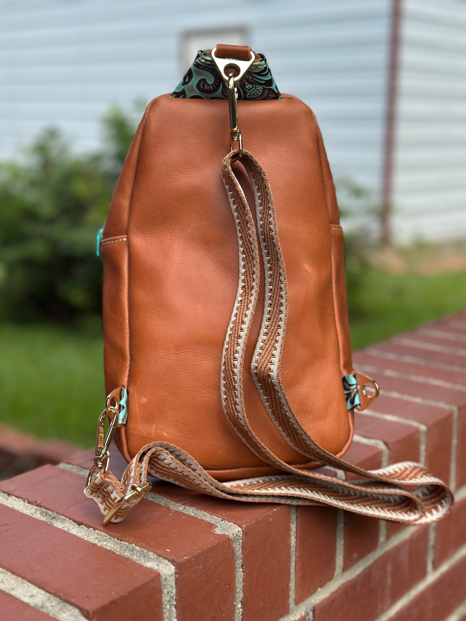Handmade Leather Sling Bag: Brown Crossbody with Turquoise Accents by Main Street Collective
