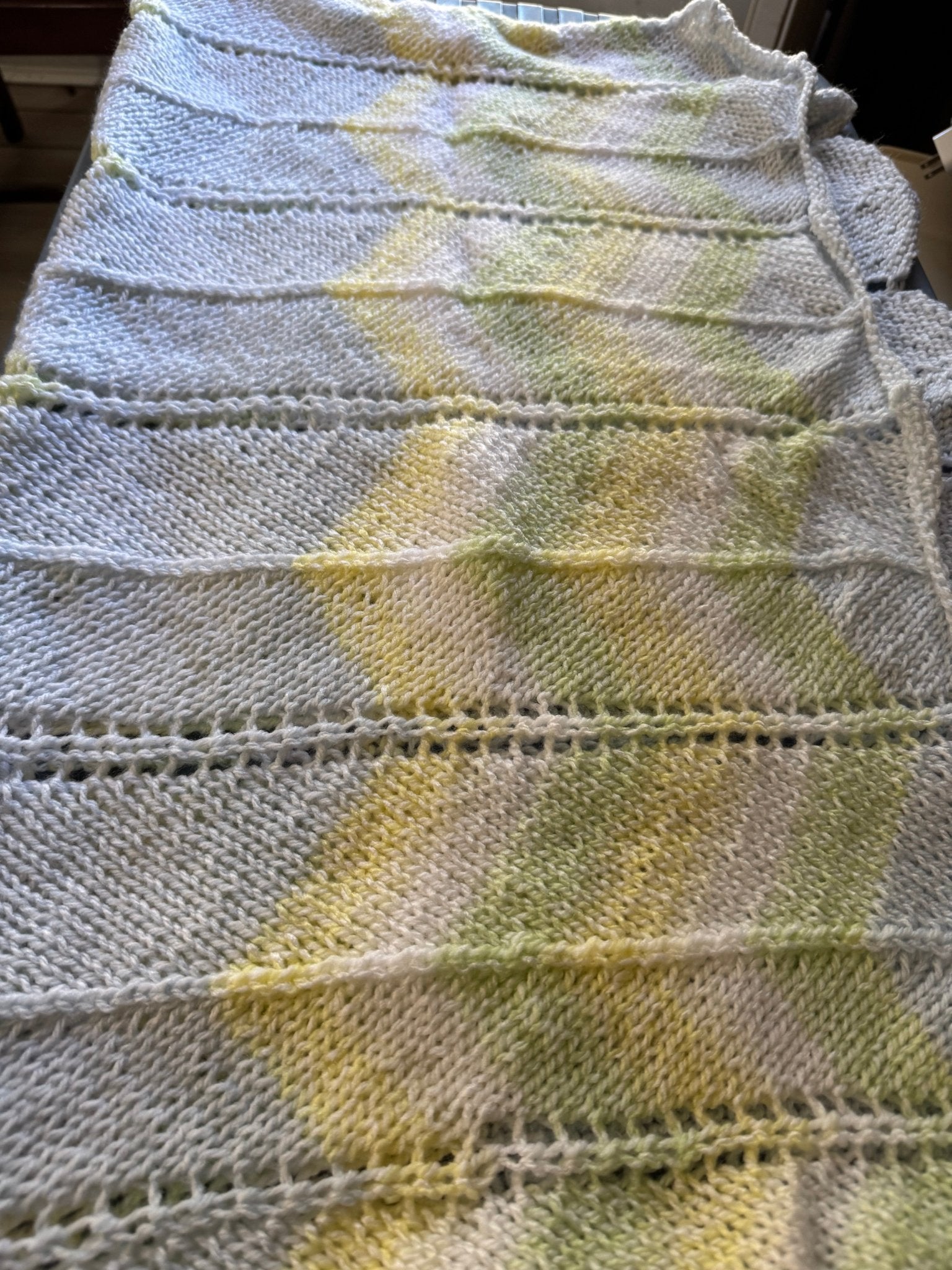 Handmade knitted baby blanket (35x31) in blue, green, yellow, and white - Main Street Collective