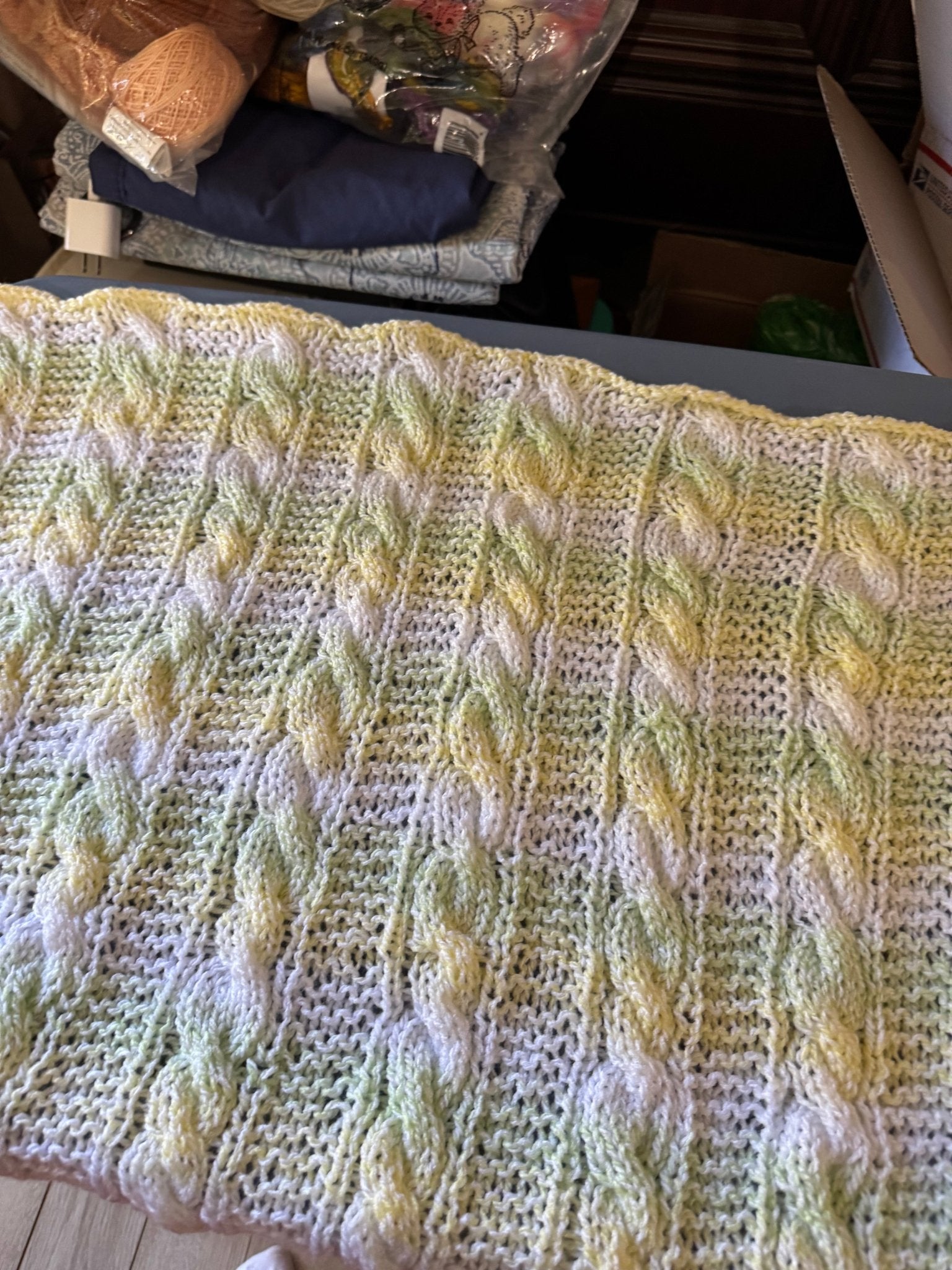Hand-Knitted Baby Blanket: Yellow, White & Green Cable Knit. Main Street Collective