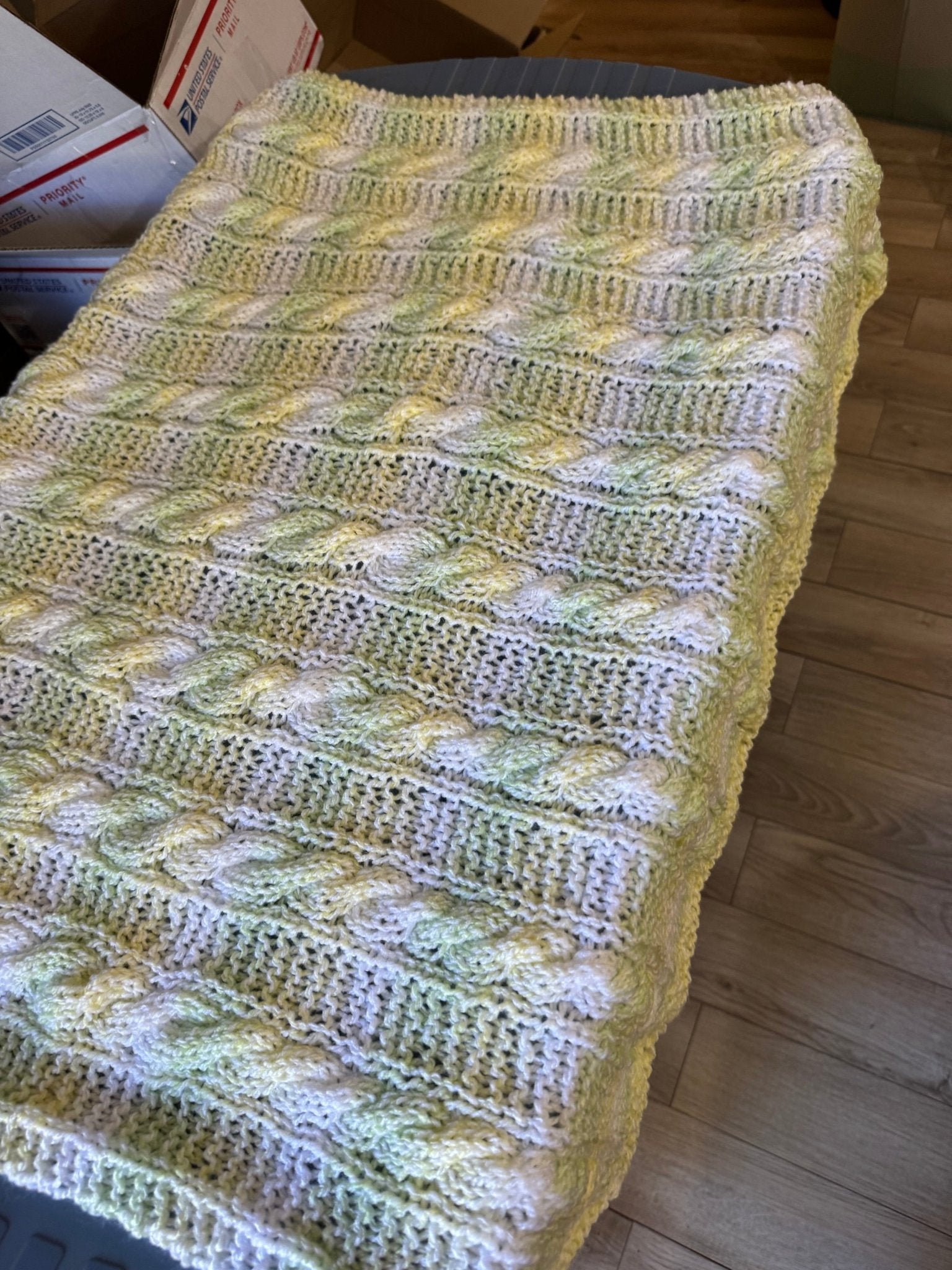 Handmade Knitted Baby Blanket, 24x27, Yellow, White, and Green Cable Knit - Main Street Collective