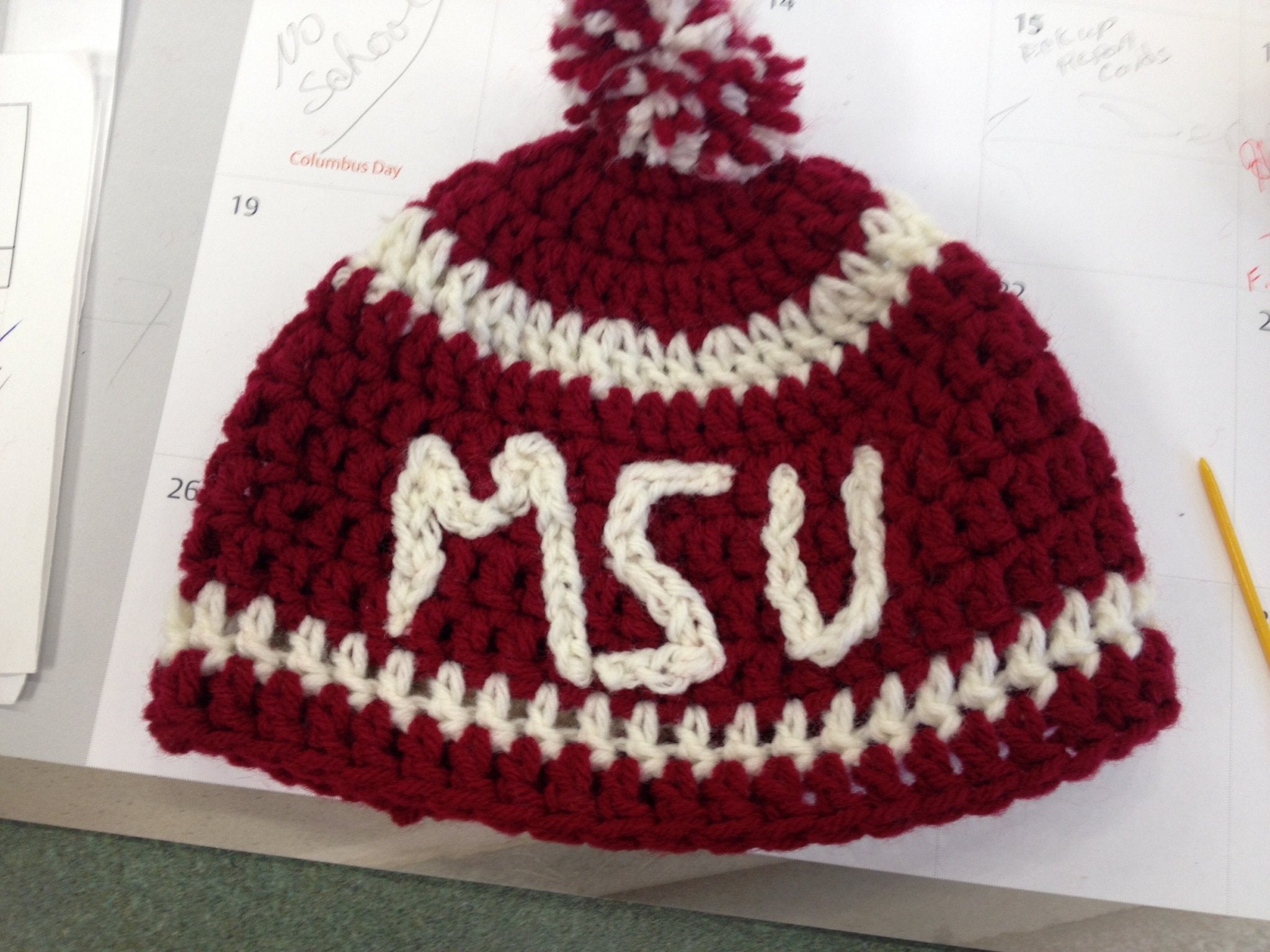 MSU Crochet Hat - Michigan State Spartans Team Spirit - Handmade Maroon and White Beanie