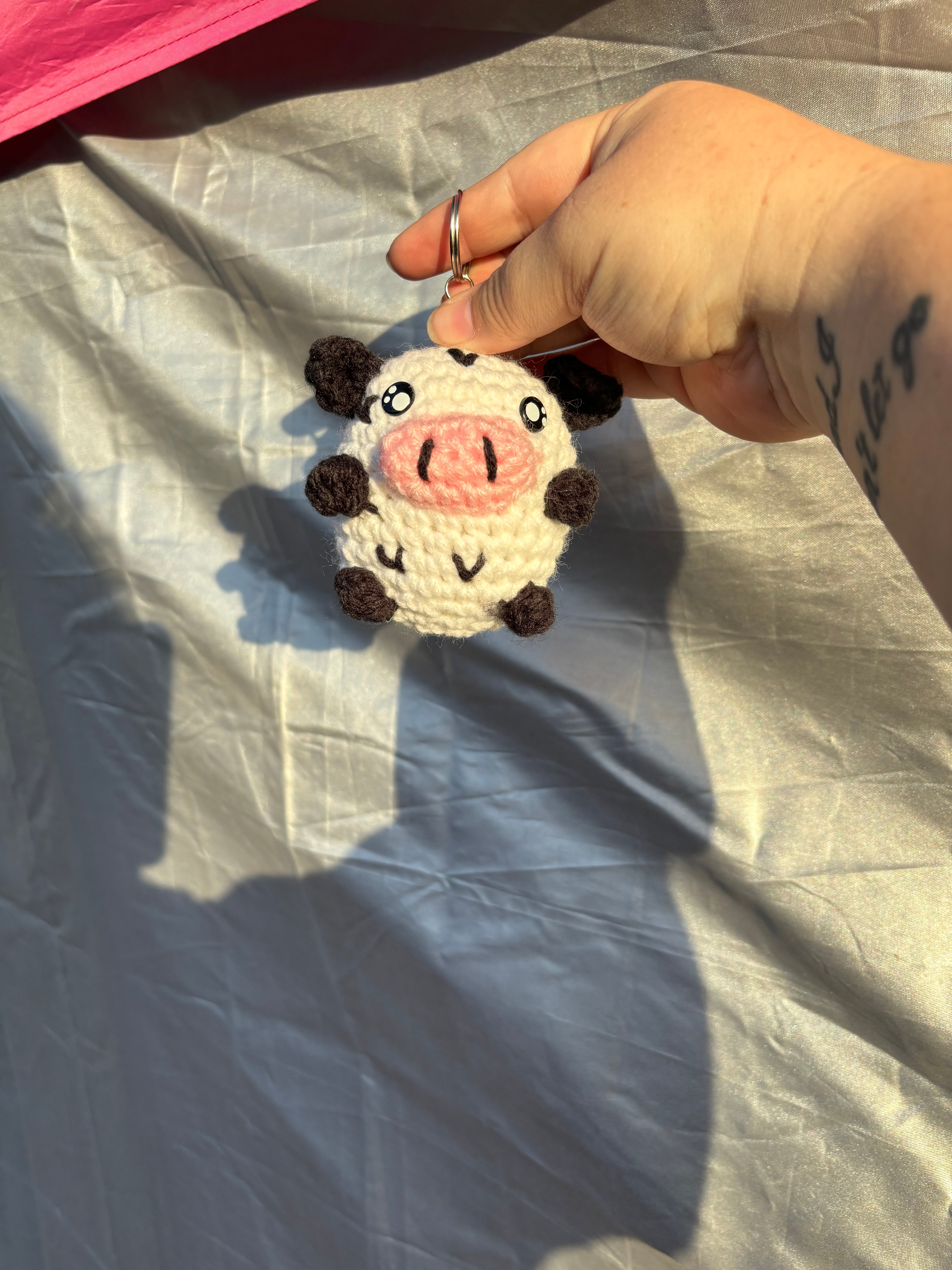 Crochet Cow Keychain - Handmade White and Brown Cow Keychain by Main Street Collective