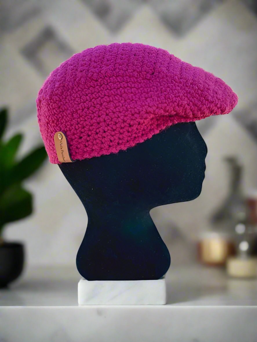 Crochet Newsboy Cap: Handmade Pink Kangol Style Hat with Mini Visor - Main Street Collective