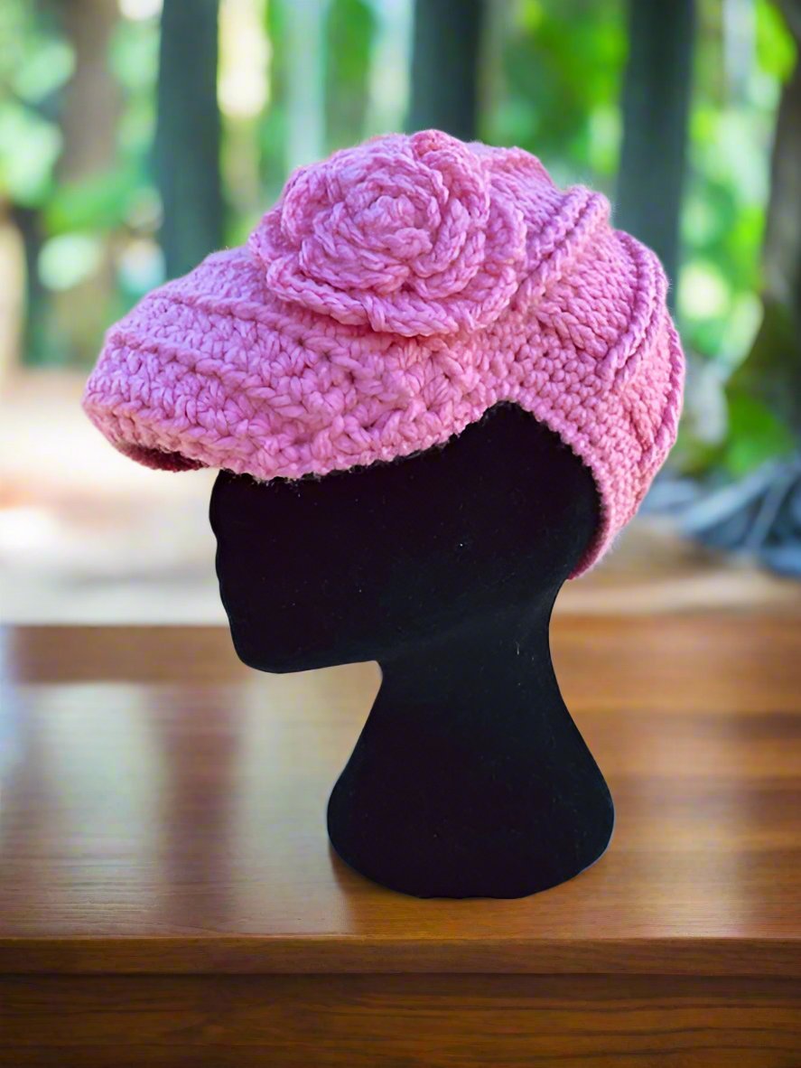 Handmade Crochet Flower Hat: Elegant Pink Winter Beanie, Chemo Friendly
