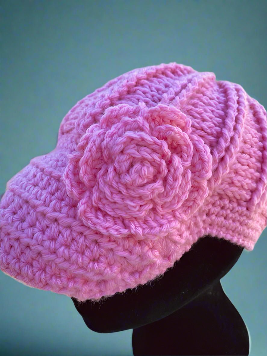 Handmade Crochet City Girl Flower Hat - Pink Winter Hat by Main Street Collective - Elegant, Warm, and Chemo Friendly Hat