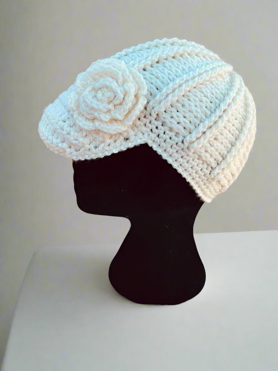 Handmade Crochet City Girl Flower Hat - White Winter Hat by Main Street Collective