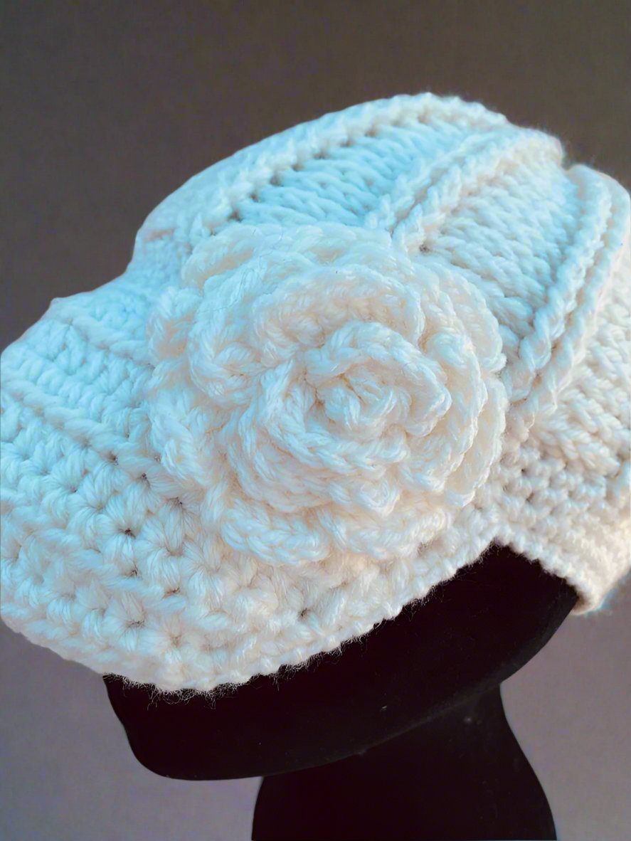 Handmade Crochet Flower Hat: Winter White City Girl Style. Elegant, Warm, and Stylish Knitted Beanie for Women. Unique Crochet Design.