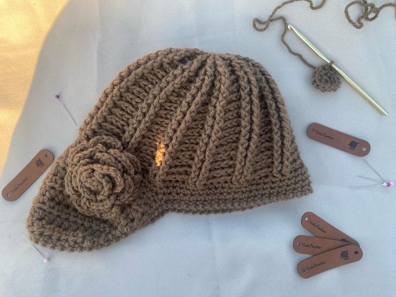 Handmade Crochet City Girl Flower Hat by Viola Panther: Brown Winter Hat with Crochet Hook & Accessories. Chemo Friendly.