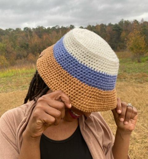 Handmade Crochet Bucket Hat: Brown, Blue & White Striped Fashion, Women's Hat by Main Street Collective