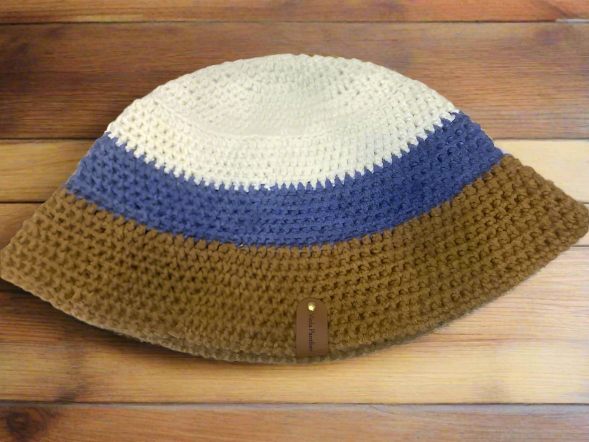 Handmade Crochet Bucket Hat - White, Blue & Brown Striped Knit Hat | Main Street Collective