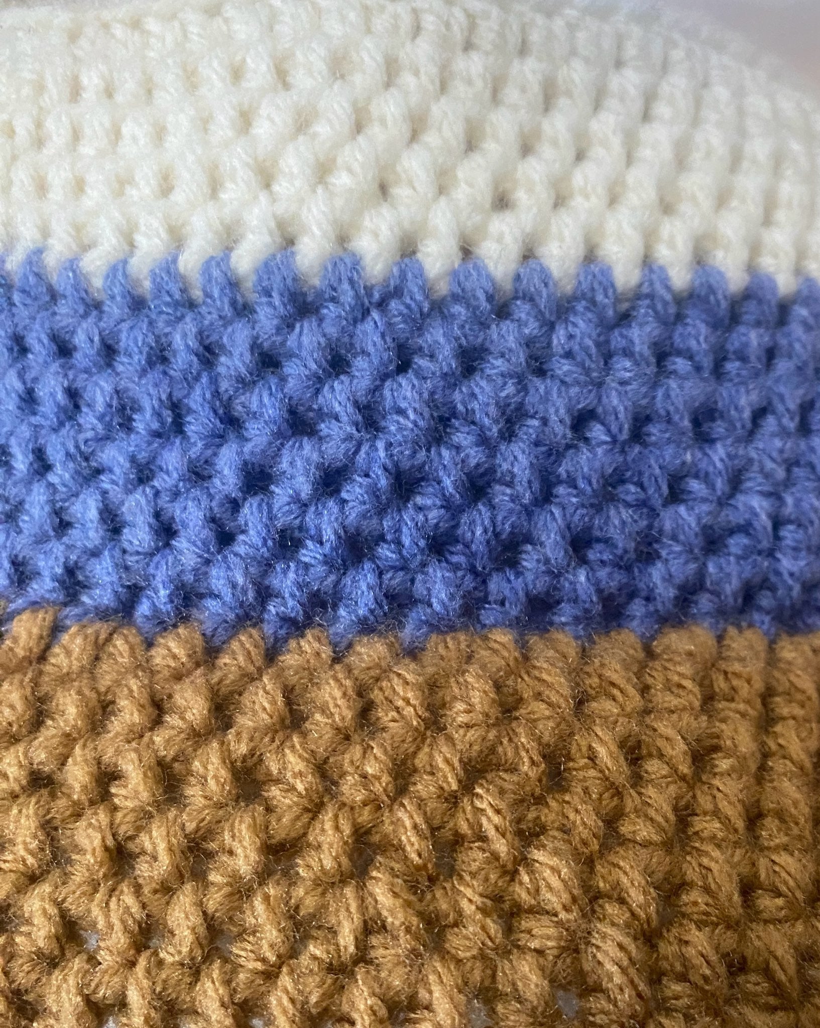 Handmade Crochet Bucket Hat: Striped Knit in White, Blue, and Brown. Cozy Fashion Accessory, Main Street Collective.