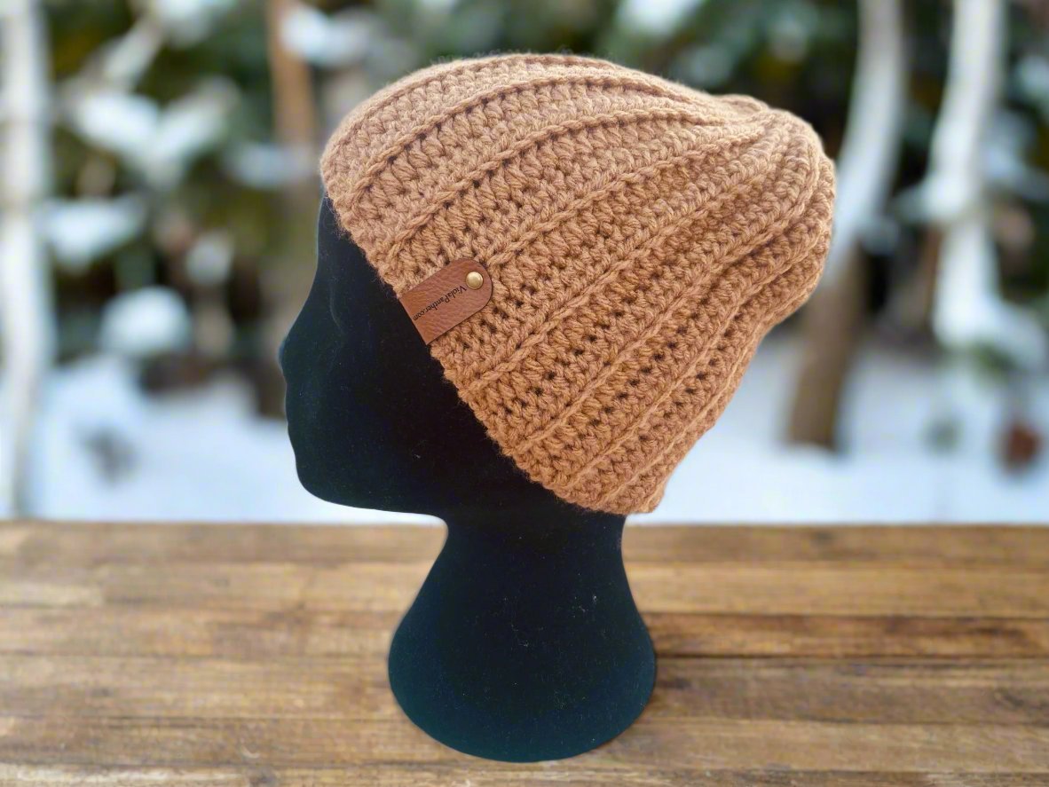 Handmade crochet beanie: rimless, ribbed, brown. Warm winter hat by Main Street Collective.