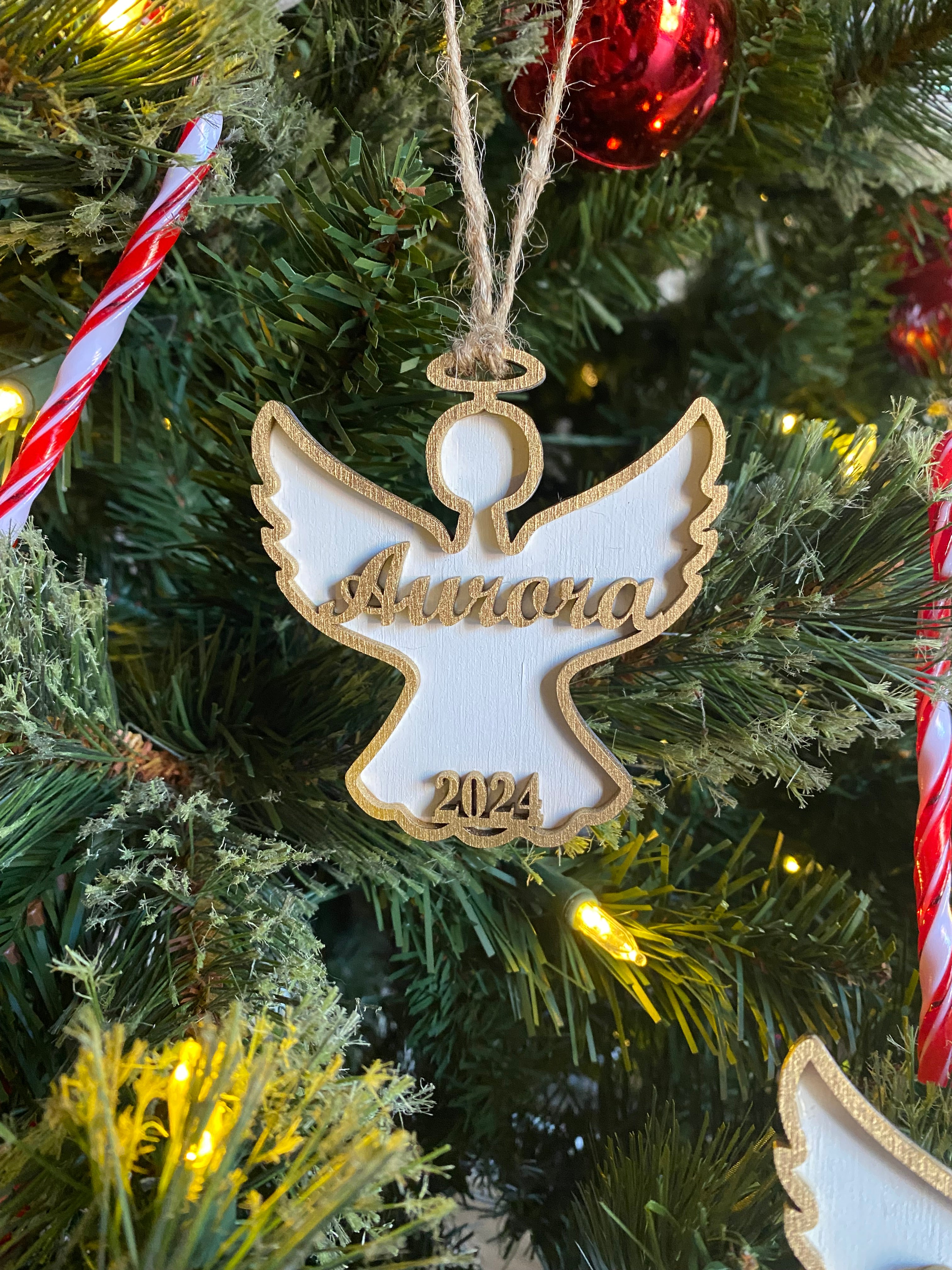 Personalized Angel Christmas Ornament - Wood Angel Keepsake, Aurora, 2024 - Custom Holiday Decor