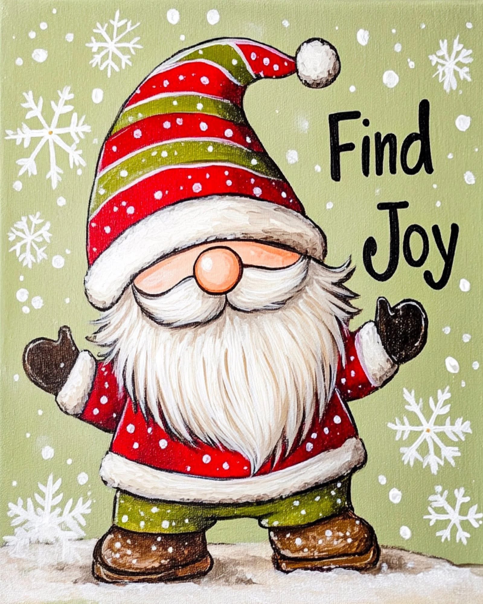 Christmas Gnome Painting: Festive Holiday Paint Party Art, Gnome with Striped Hat and Beard.