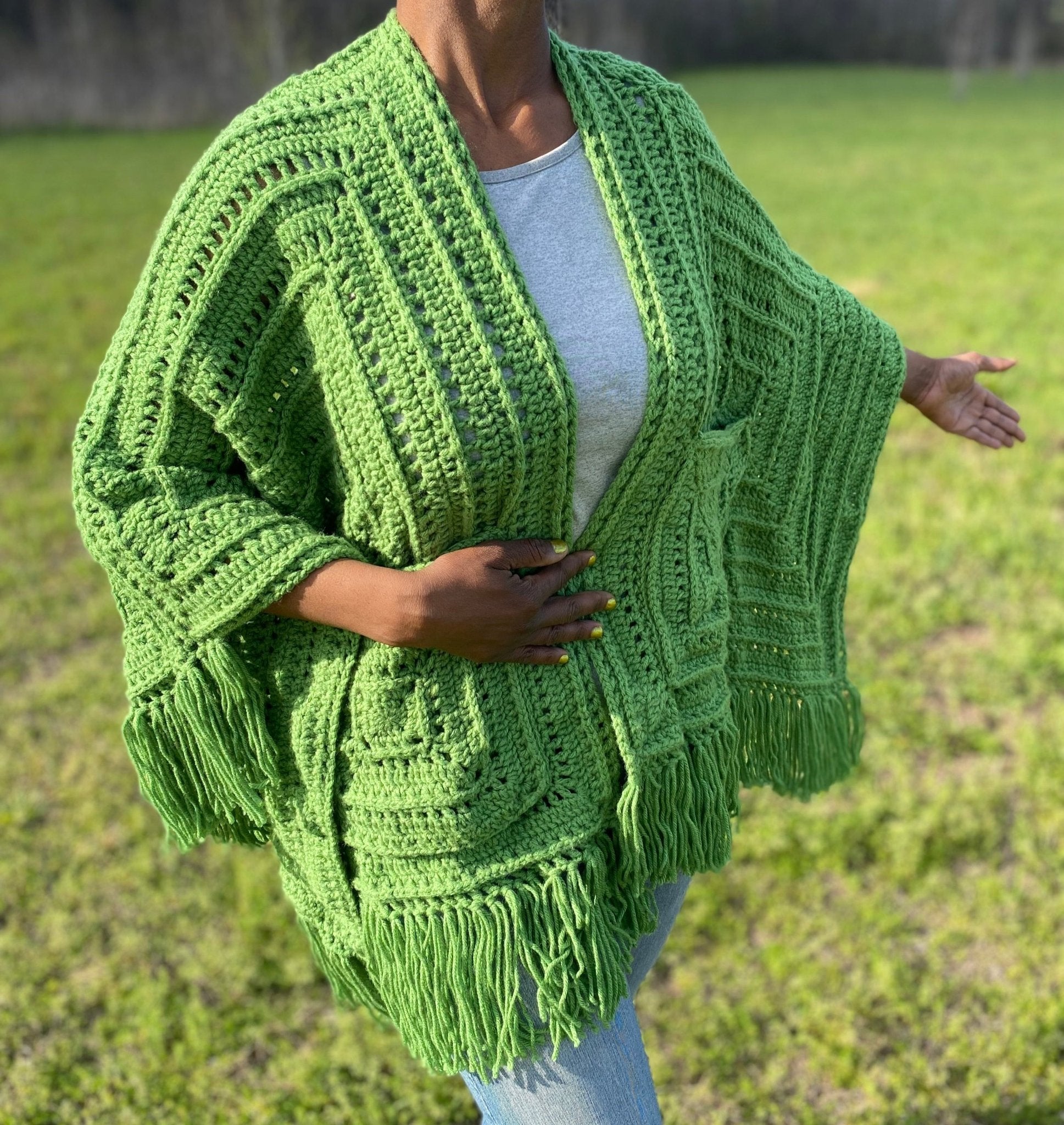 Handmade Zydeco Crochet Shawl: Green Granny Square Fringe Shawl by Main Street Collective
