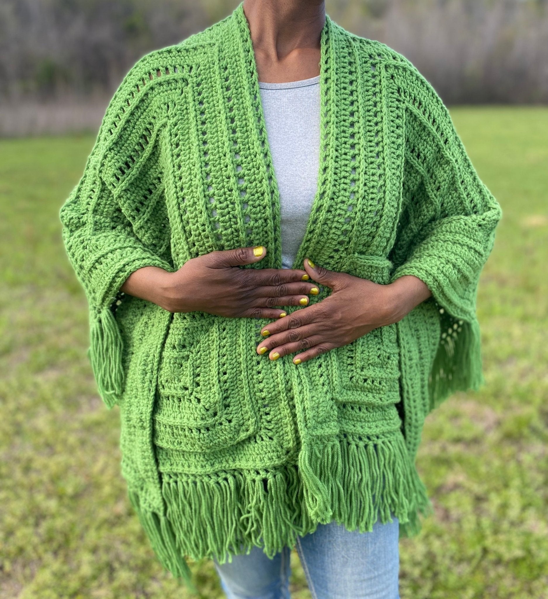 Handmade Crochet Shawl: Green Zydeco Cardigan by Main Street Collective | Oversized Fringed Poncho, Boho Fashion, Acrylic Yarn