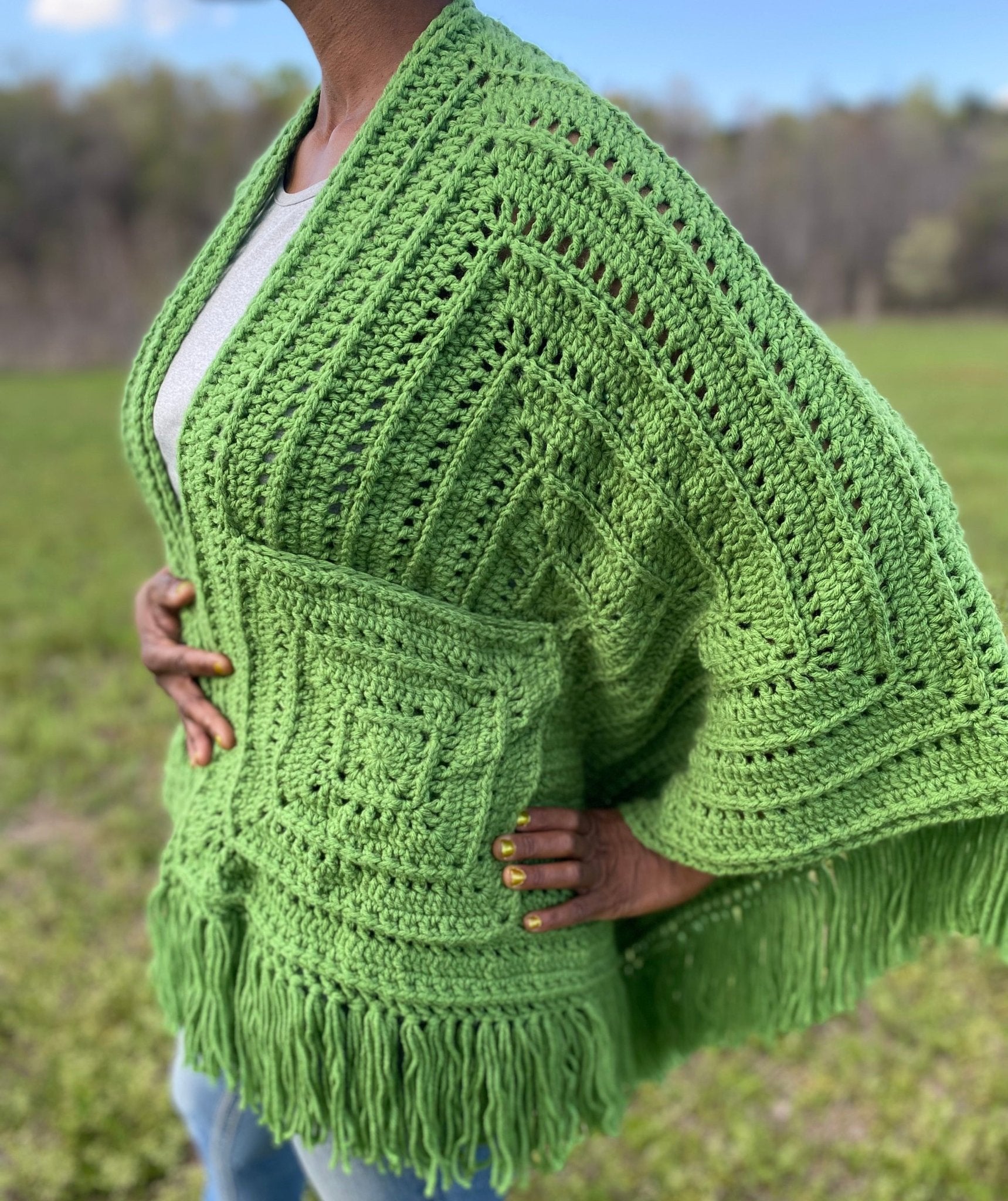 Handmade Zydeco Crochet Shawl: Green Granny Square Fringe Shawl by Main Street Collective