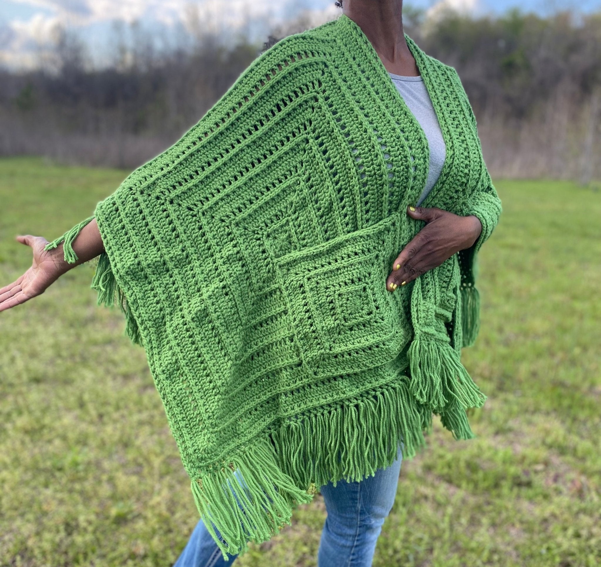 Handmade Green Crochet Granny Square Shawl with Fringe and Pockets - Main Street Collective