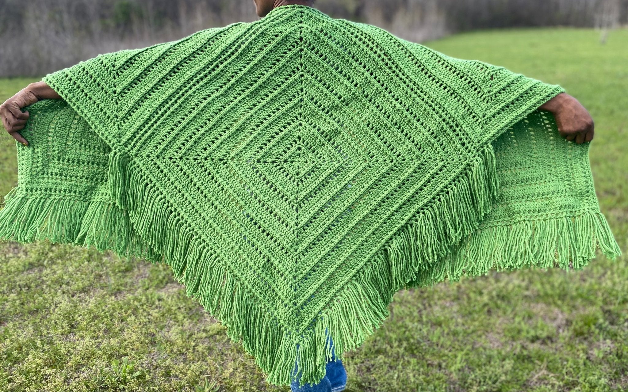 Handmade Crochet Shawl: Green Fringe Shawl | Zydeco Style, Warm Accessory