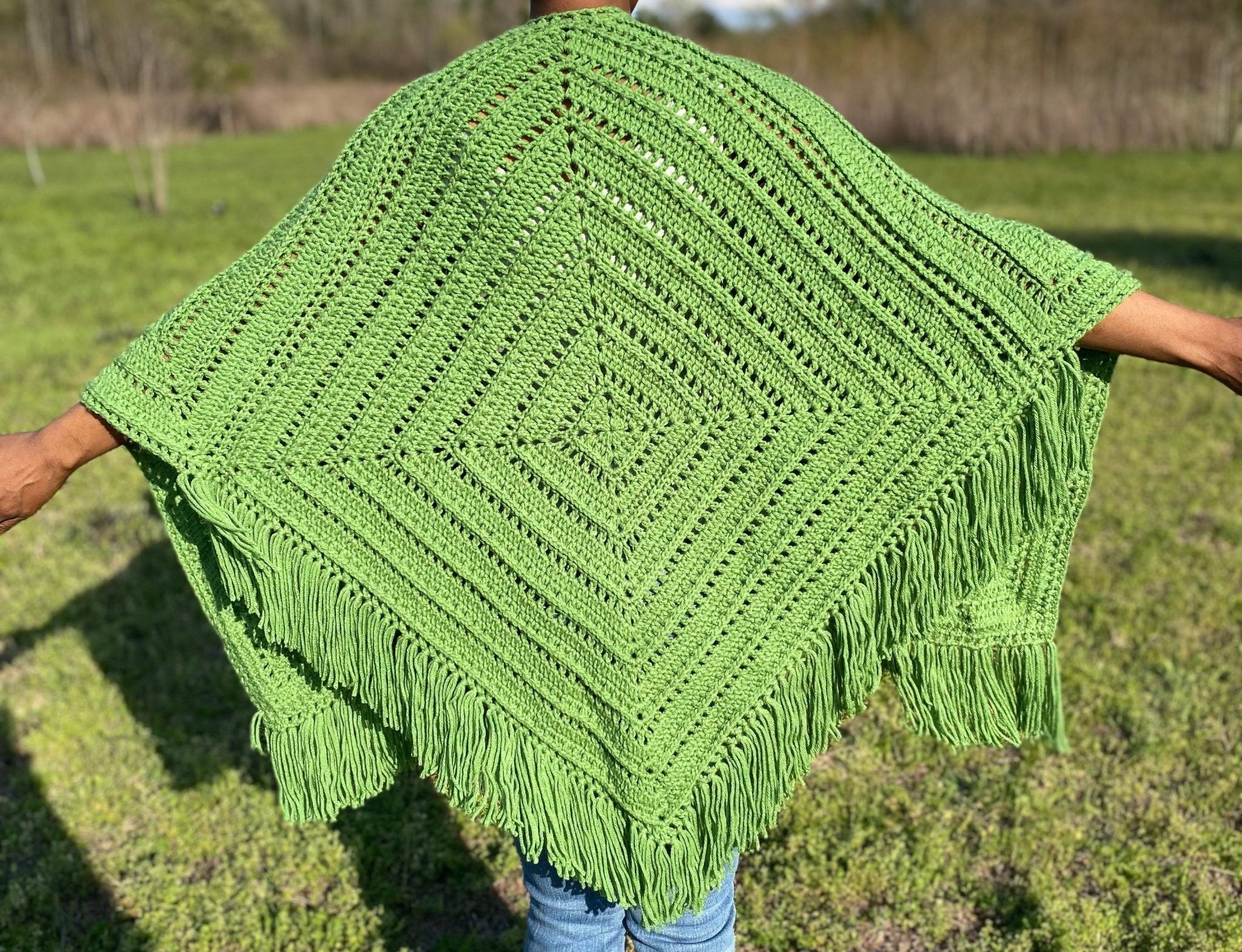 Handmade Crochet Granny Square Shawl with Fringe - Zydeco Shawl by Main Street Collective