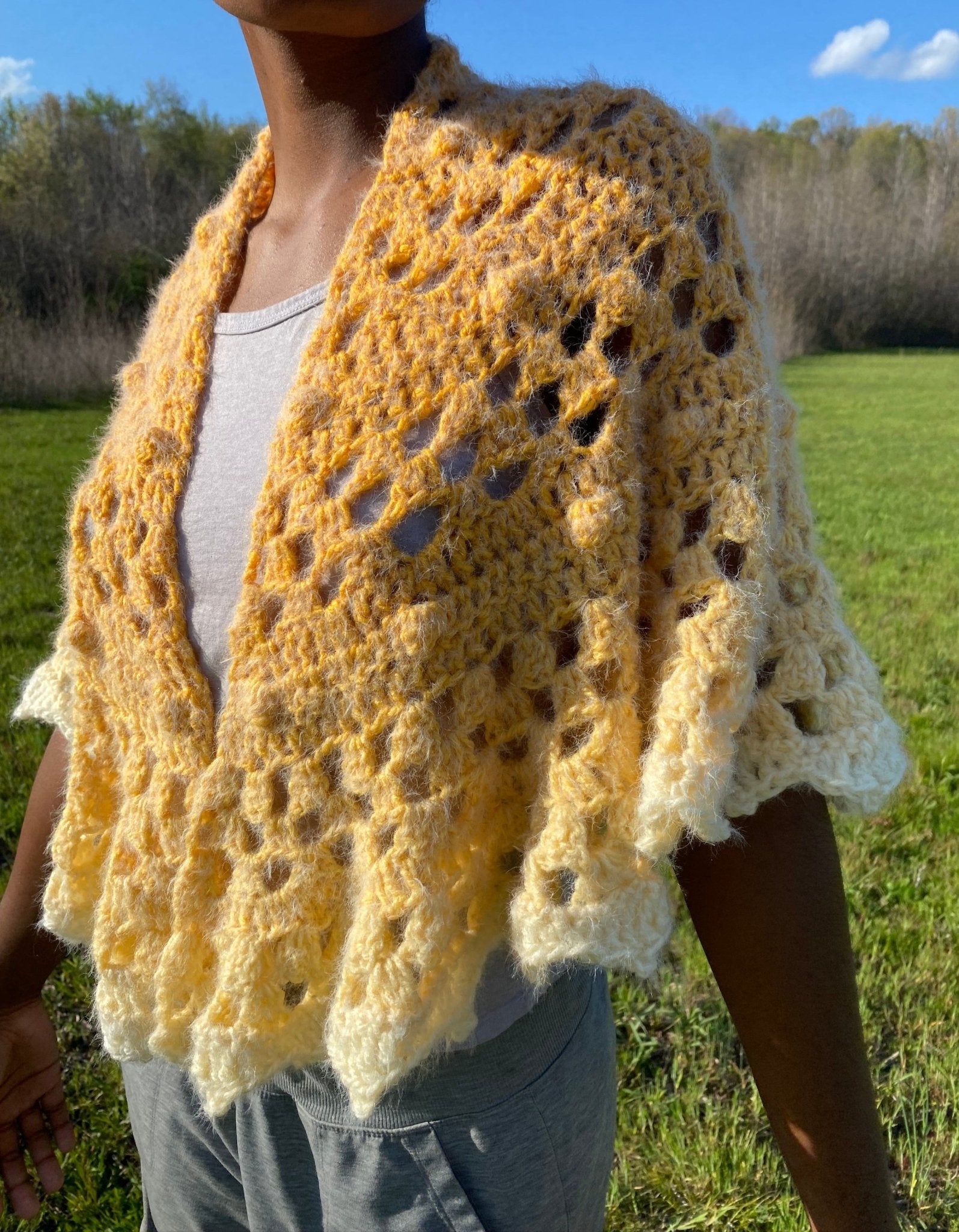 Handmade Crochet Sun Shawl Ombre Yellow & White - Lightweight Elegant Shawl by Main Street Collective