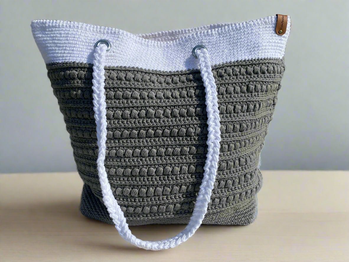 Handmade Crochet Tote Bag - Two-Tone Grey & White | Main Street Collective - Spacious, Durable, Eco-Friendly Beach & Shopping Bag
