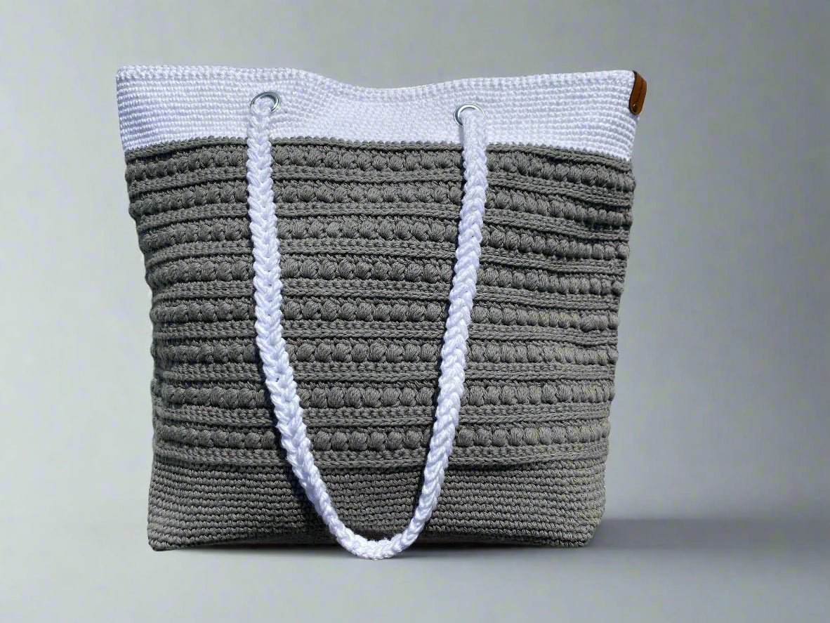 Handmade Crochet Tote Bag, Two-Tone Grey & White, Marie Style. Main Street Collective.