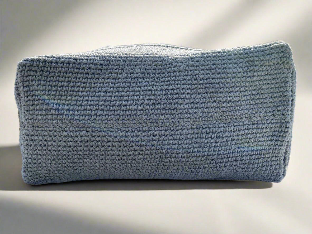 Blue Crochet Cosmetic Pouch | Handmade Textured Cotton Makeup Bag