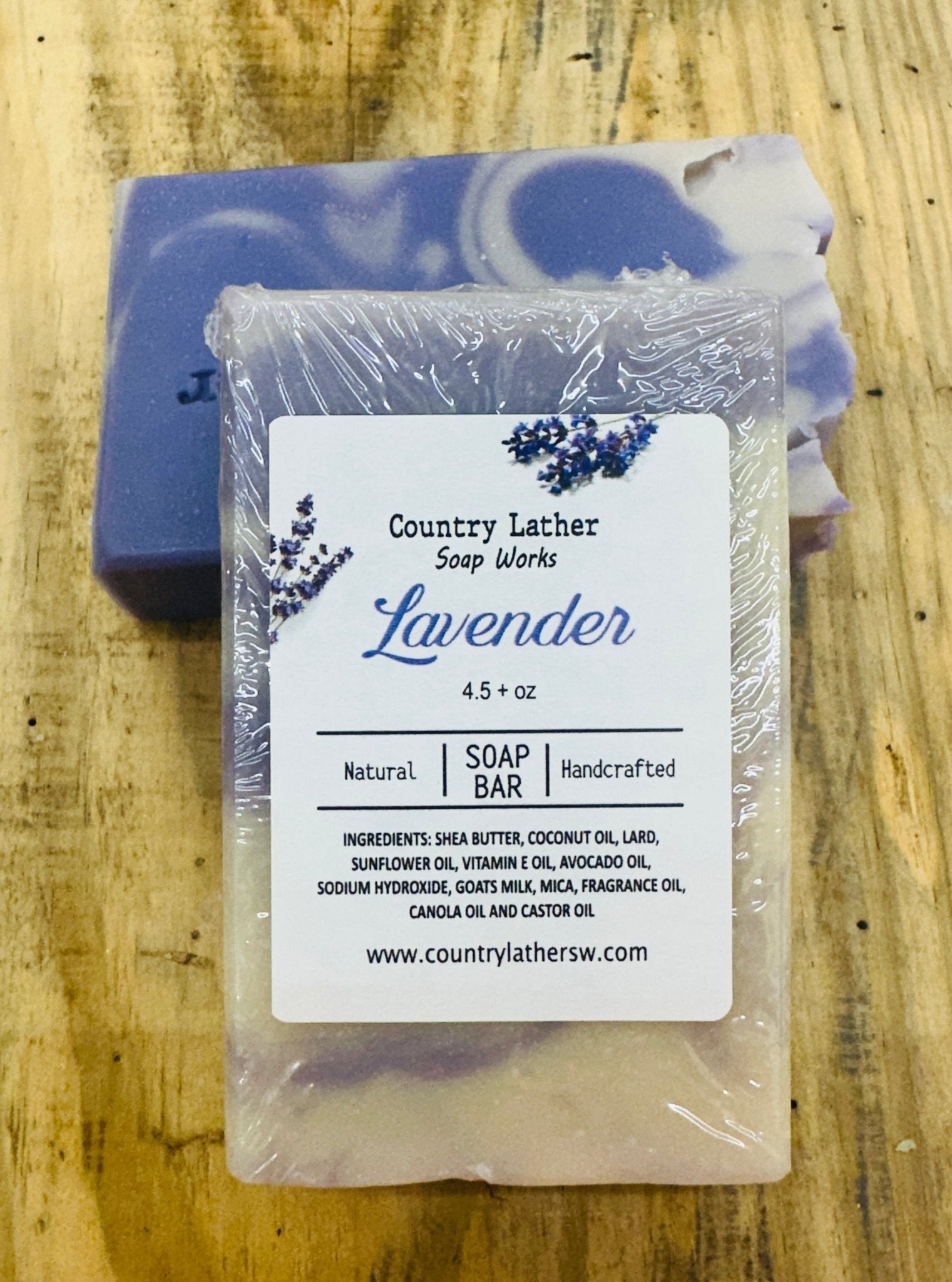 Lavender Soap Bar, Country Lather Soap Works, 4.5+ oz, Handmade, Natural, Purple and White Swirl