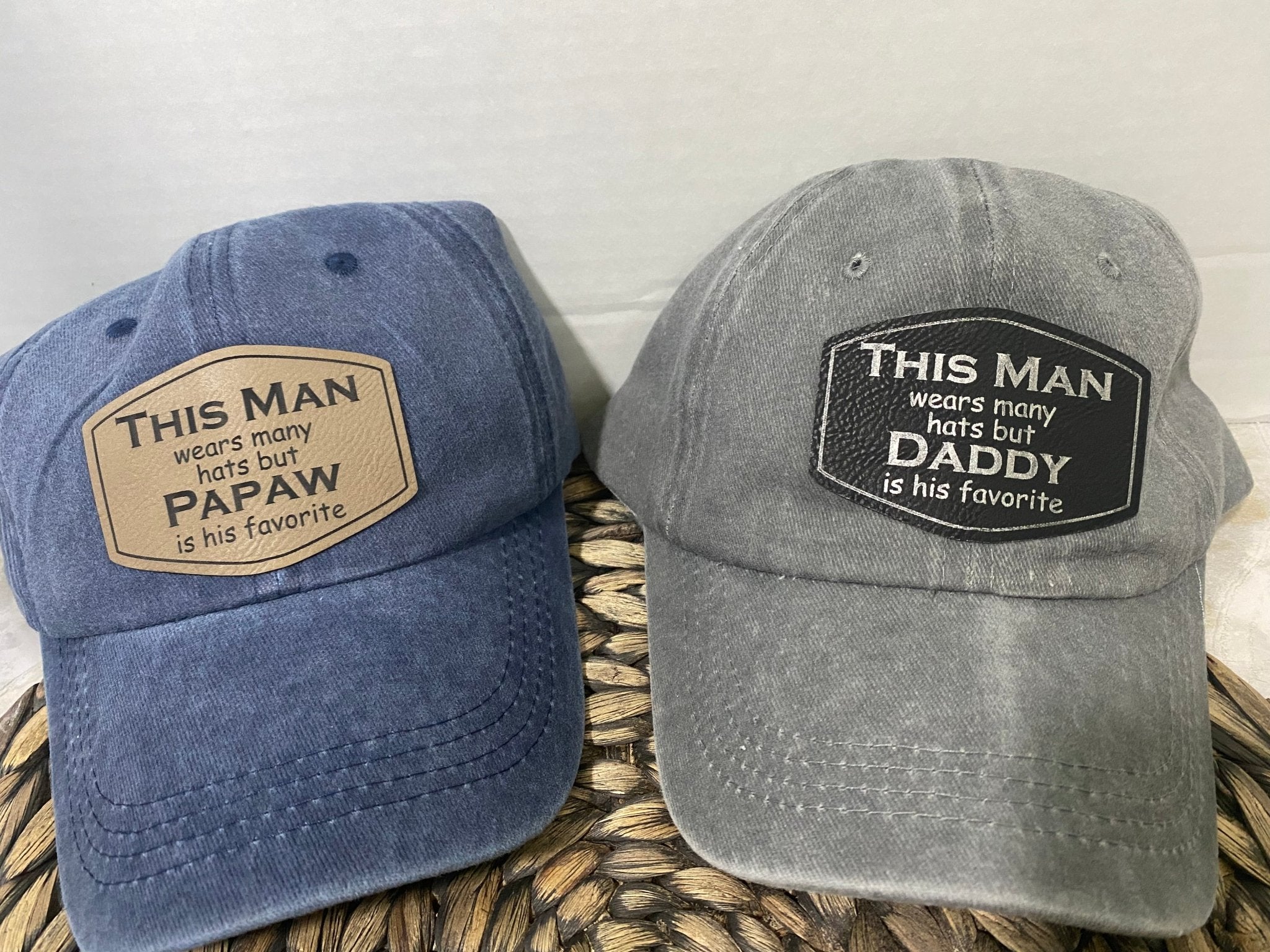 Personalized "This Man" Hats: Custom Daddy & Papaw Hats for Father's Day & Gifts. Distressed-style Baseball Caps with Engraved Patches.