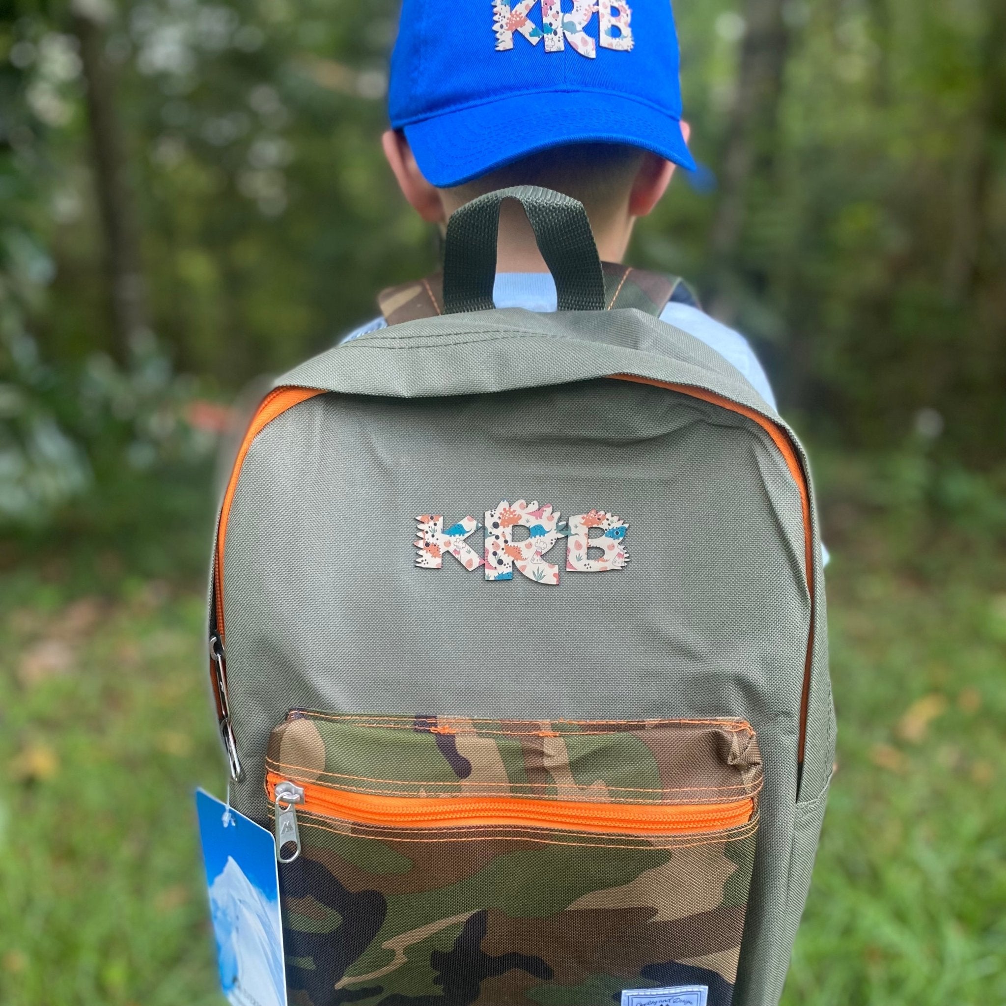 Personalized Kids Backpack: Dinosaur Initial Monogram, Camo Pocket. Custom Children's Bag for School & Travel.