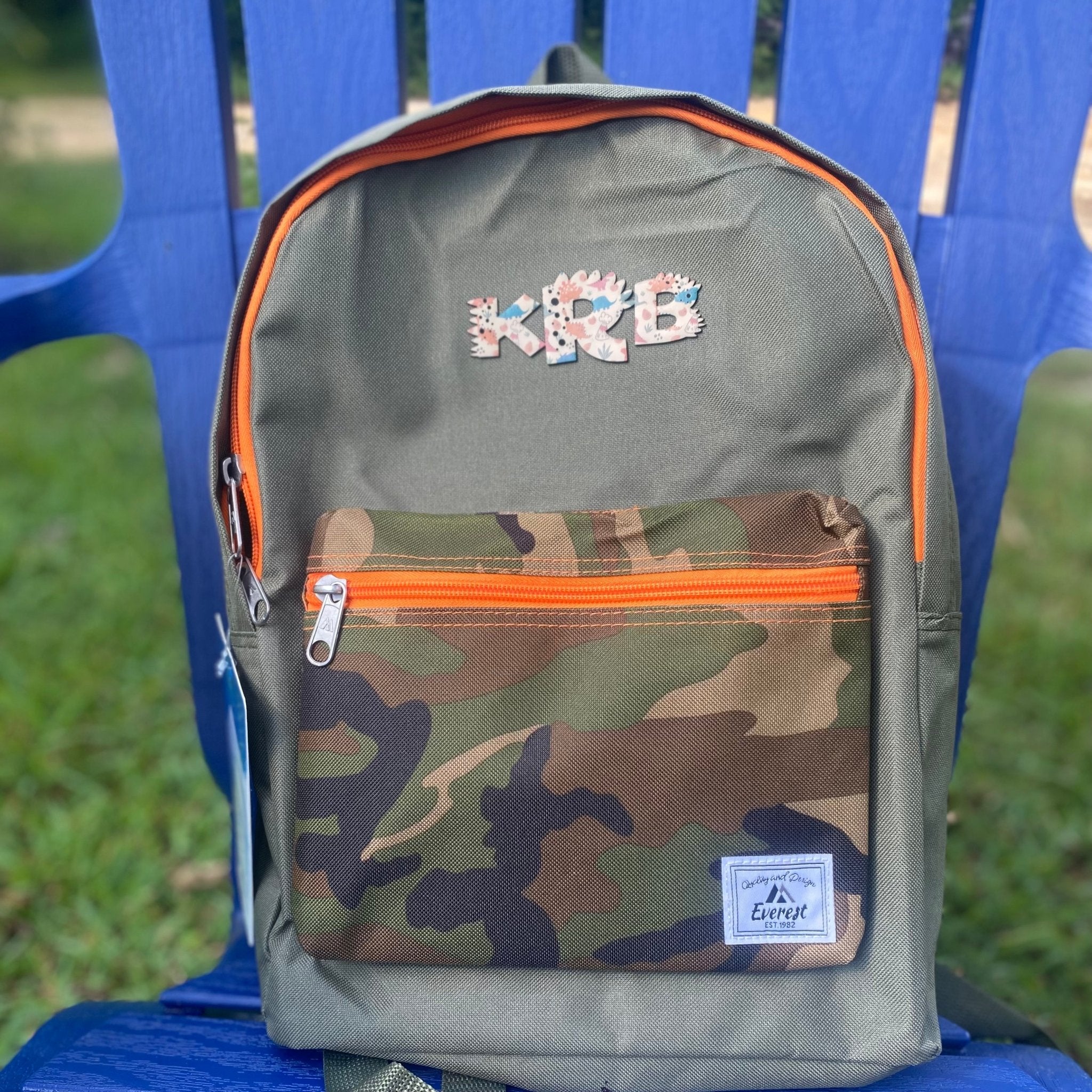 Camo Kids Backpack with Dinosaur Initials: Personalized Olive Green & Orange School Bag