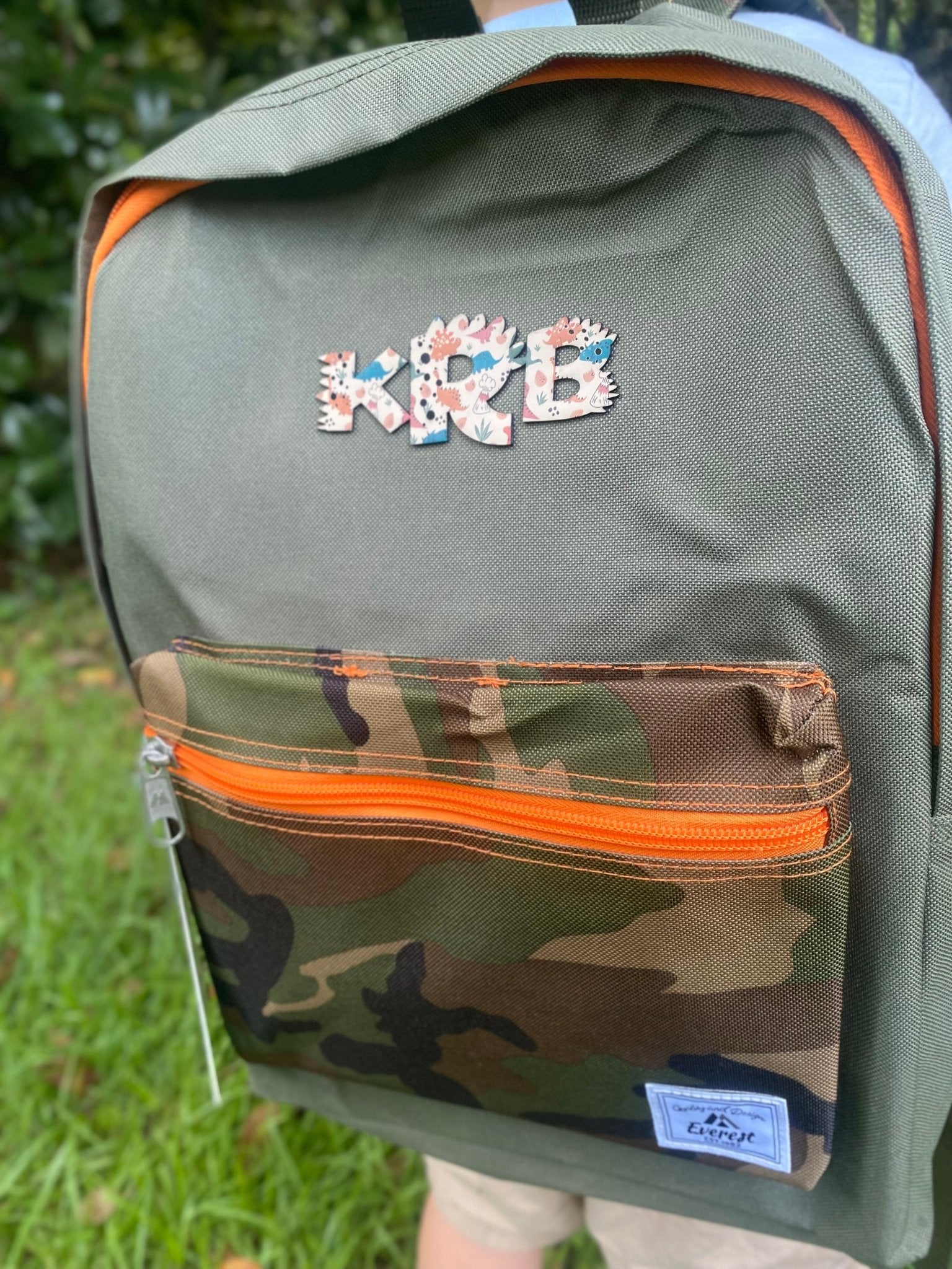 Camo Kids Backpack with Dinosaur Initial Patch: Personalized Monogram Backpack for Boys and Girls