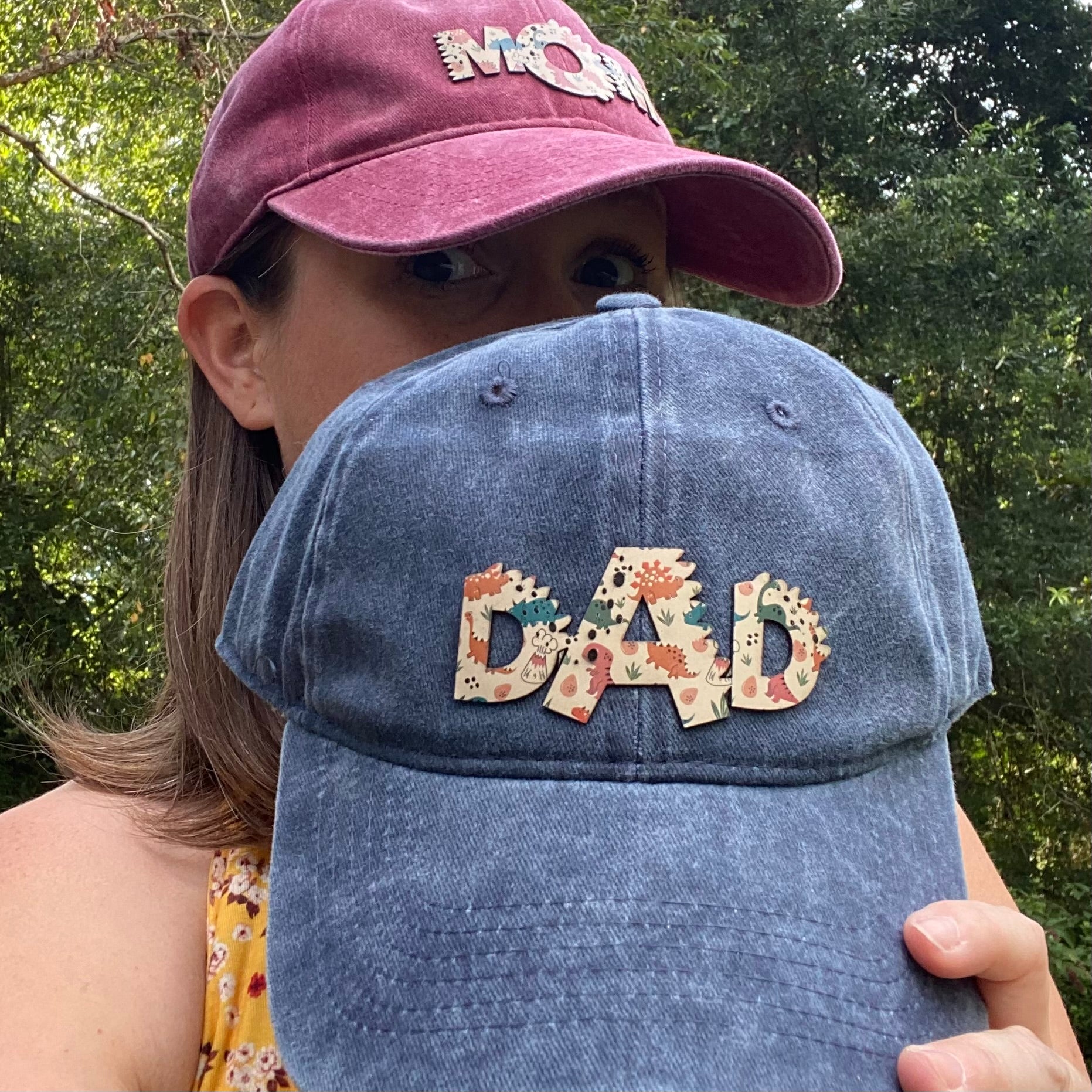 Dino Family Hats – MOM & DAD Edition | Leatherette Dinosaur Patch Baseball Caps
