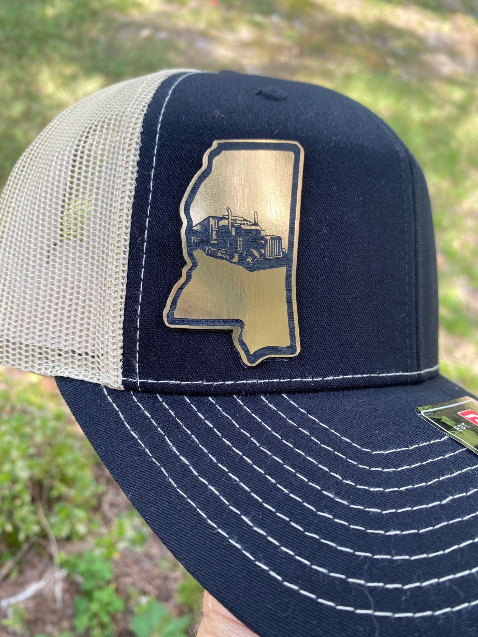 Mississippi Trucker Hat - Gold Metallic Acrylic State Patch, Richardson 112 Trucker Cap, Black and Khaki, Trucking, Magnolia State