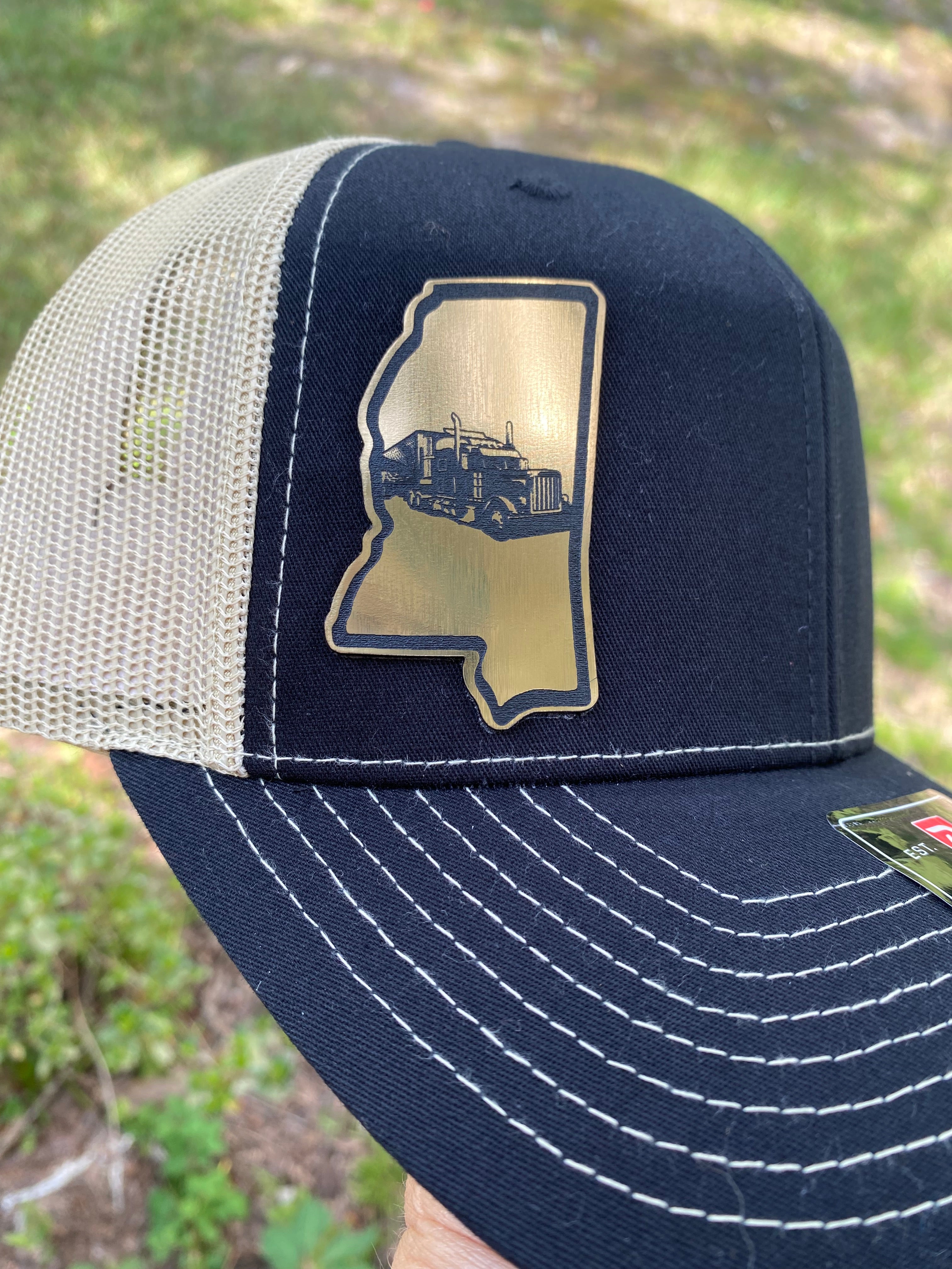 Mississippi Trucker Hat - Gold Metallic Acrylic State Patch, Richardson 112 Trucker Cap, Black and Khaki, Trucking, Magnolia State