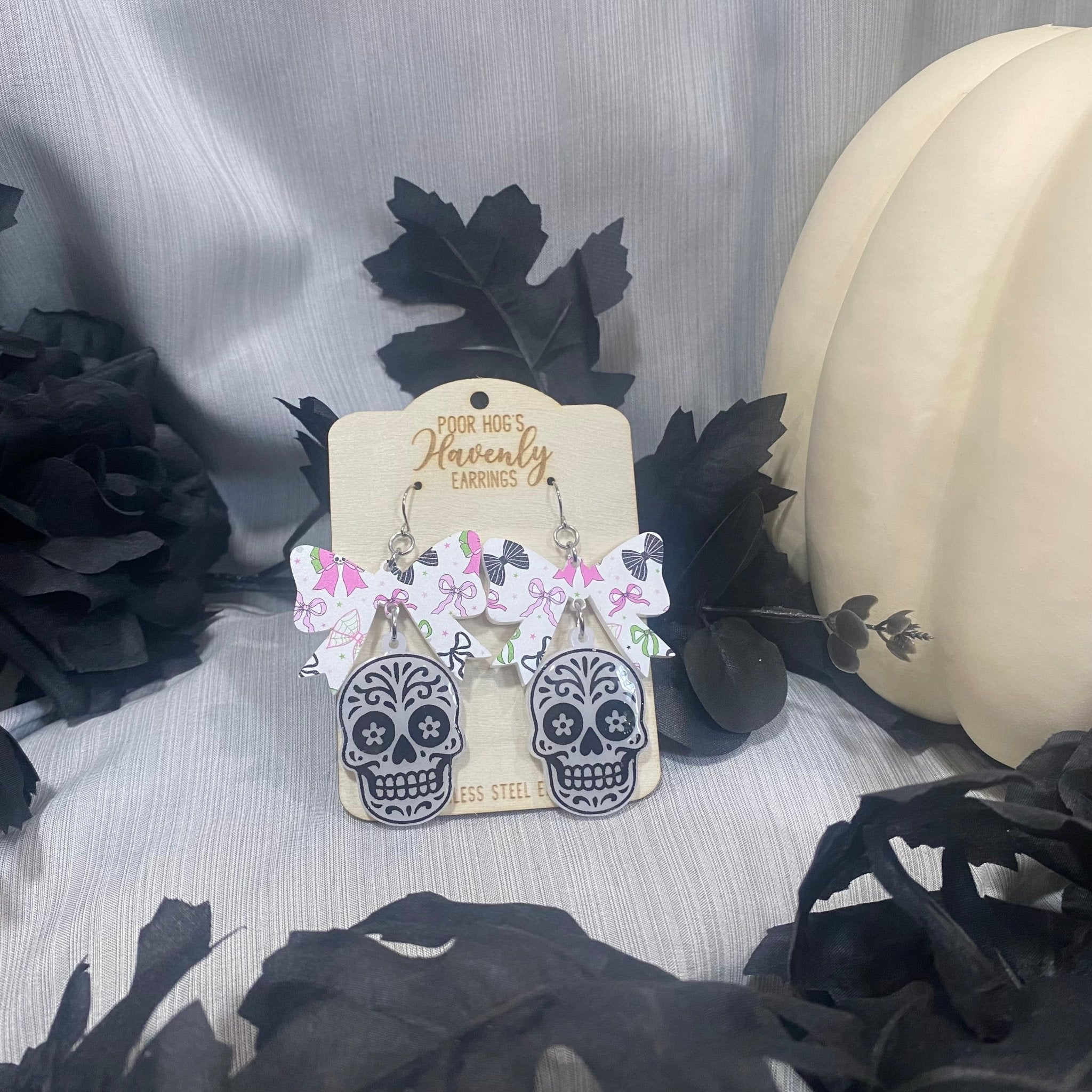 Sugar Skull with Festive Bow Acrylic Dangle Earrings for Halloween