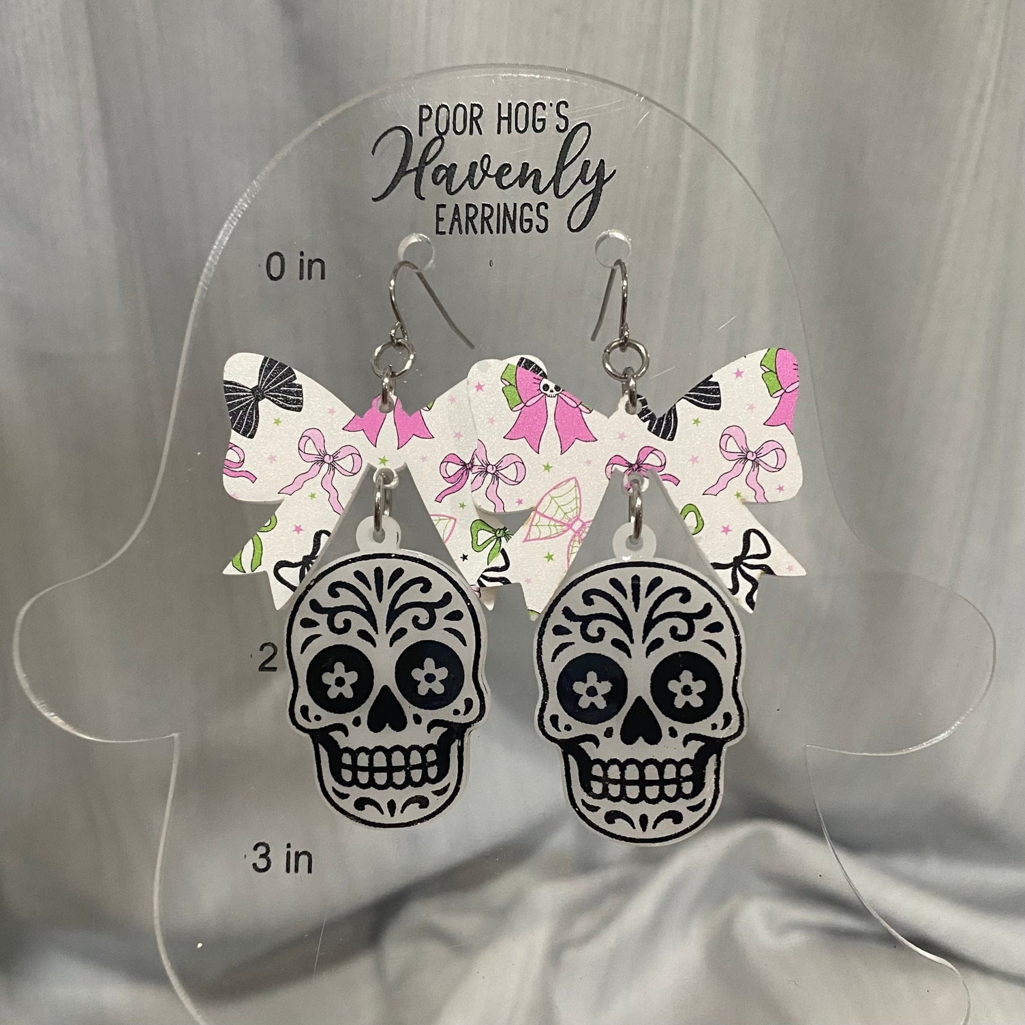 Sugar Skull Earrings: Festive Bow Acrylic Dangles for Halloween or Dia de los Muertos - Poor Hog's Havenly Earrings