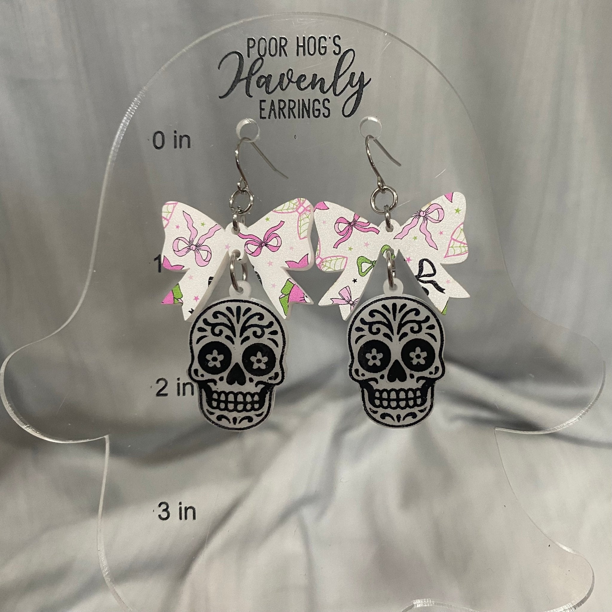 Sugar Skull Earrings with Bows - Halloween/Día de los Muertos Acrylic Jewelry by Poor Hog's Havenly Earrings