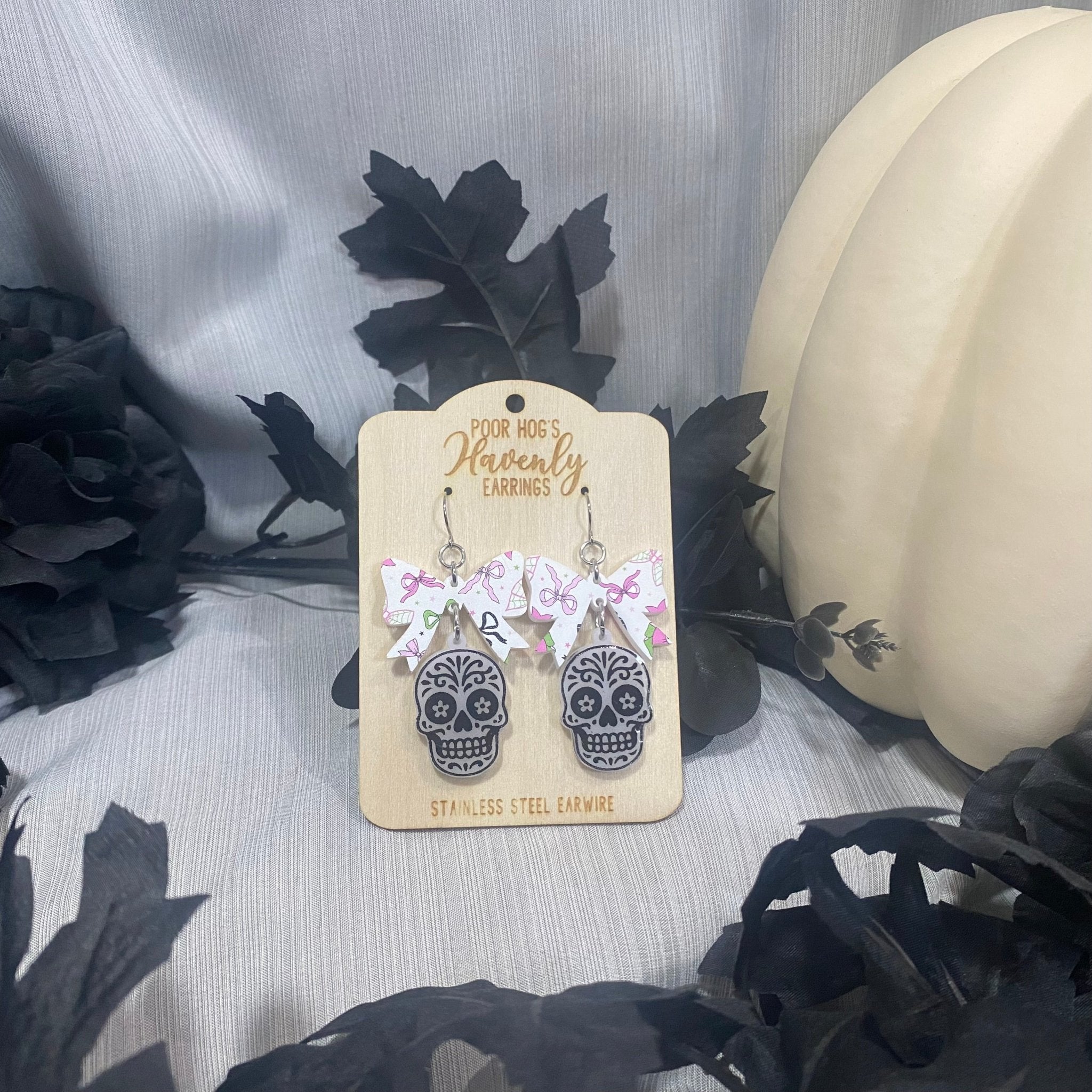 Sugar Skull Earrings with Bows - Halloween/Day of the Dead Jewelry - Main Street Collective