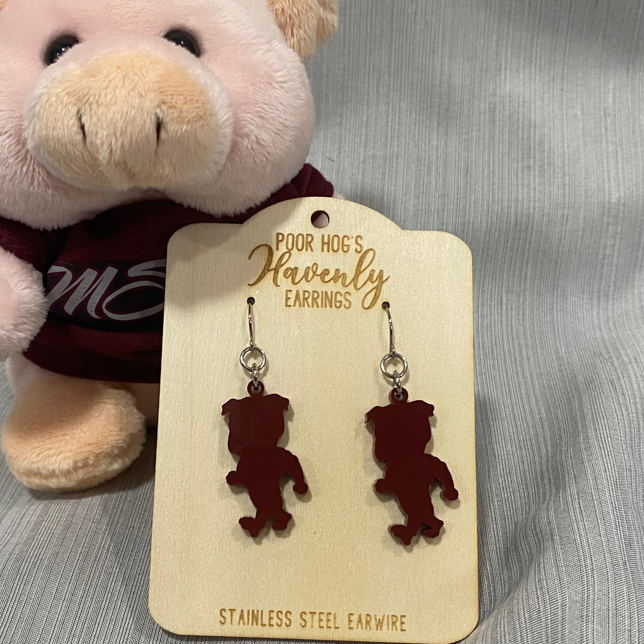 Poor Hog's Maroon Mississippi Bulldog Earrings: Game Day Acrylic Jewelry, Stainless Steel. Handmade Spirit Accessory.