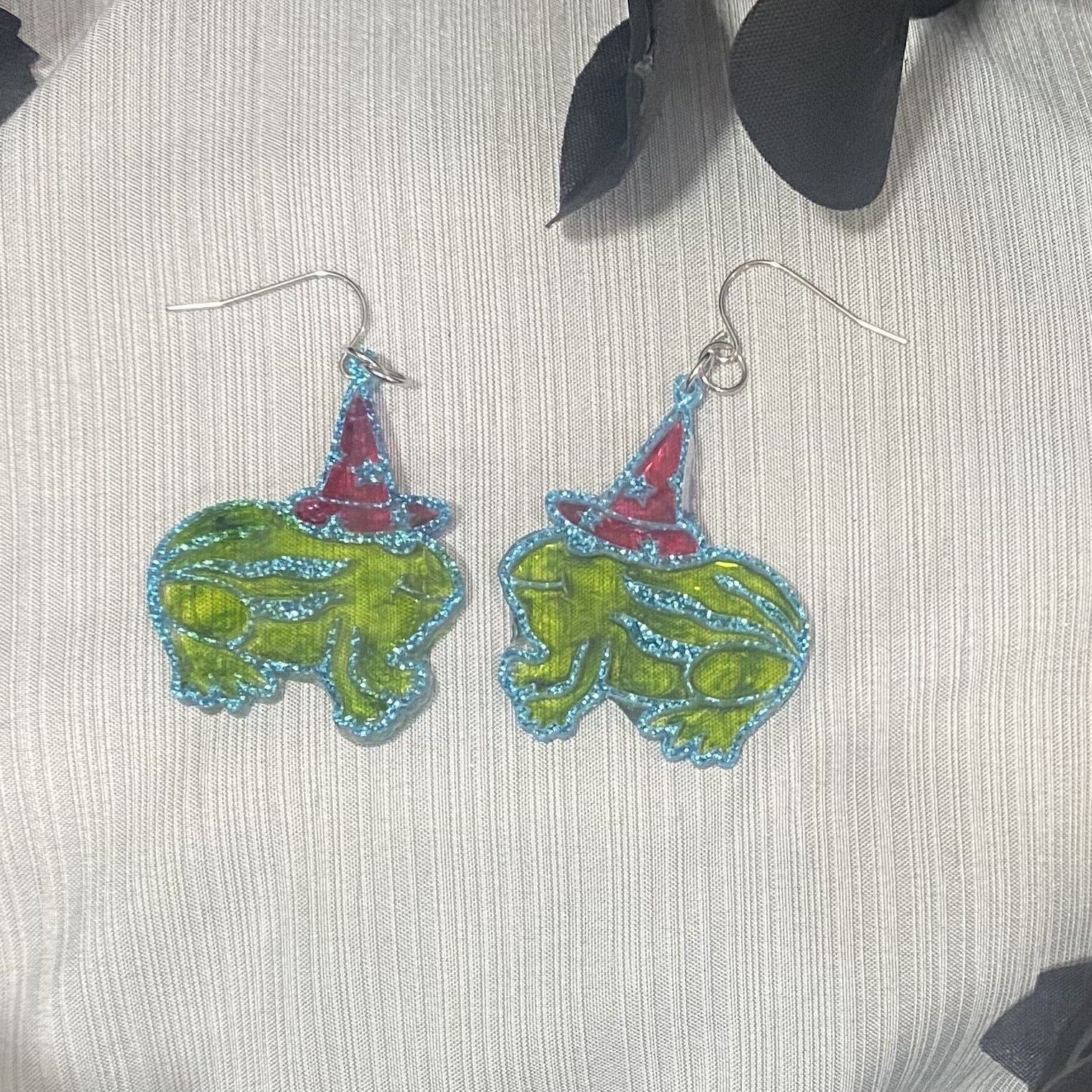 Summerween Watermelon Frog Wearing Pointed Hat Resin Filled Acrylic Dangle Earrings with Stainless Steel Earwire