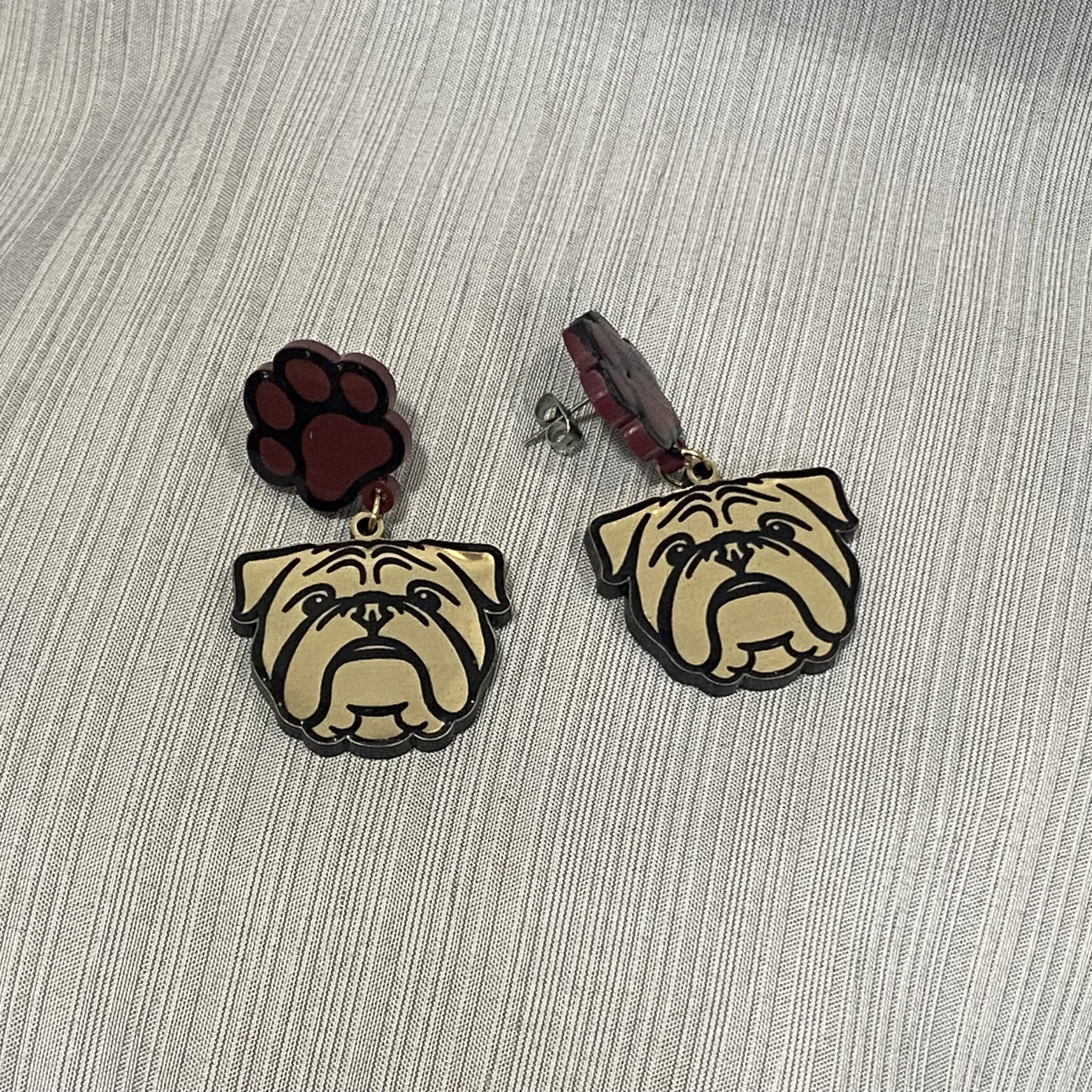 Bulldog Earrings: Gold Face & Maroon Paw Print Acrylic Drop Earrings - Main Street Collective