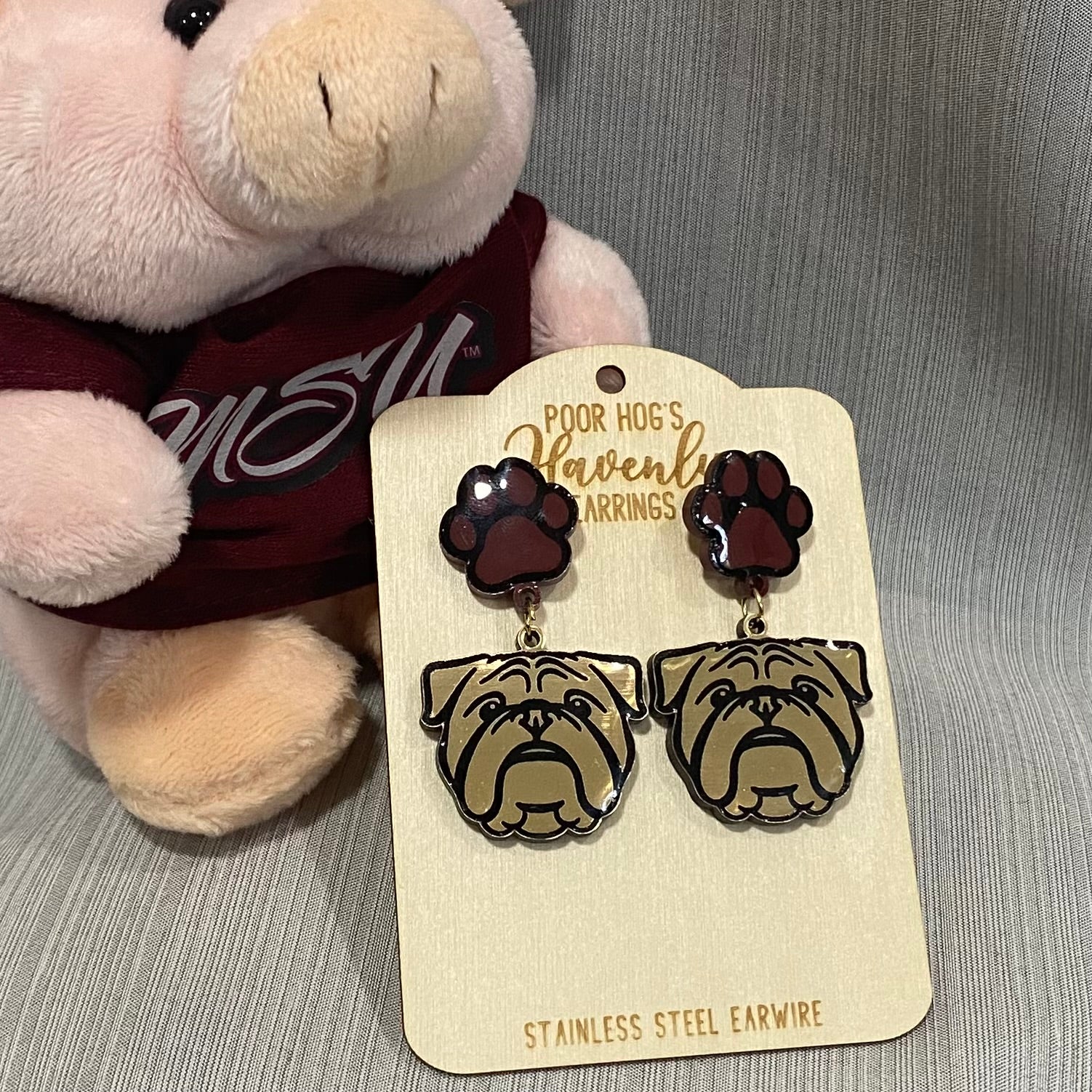 Poor Hog's Bulldog Earrings: Maroon Paw Print, Acrylic Drop Earrings, School Spirit, Bulldog Mascot, Stainless Steel Posts