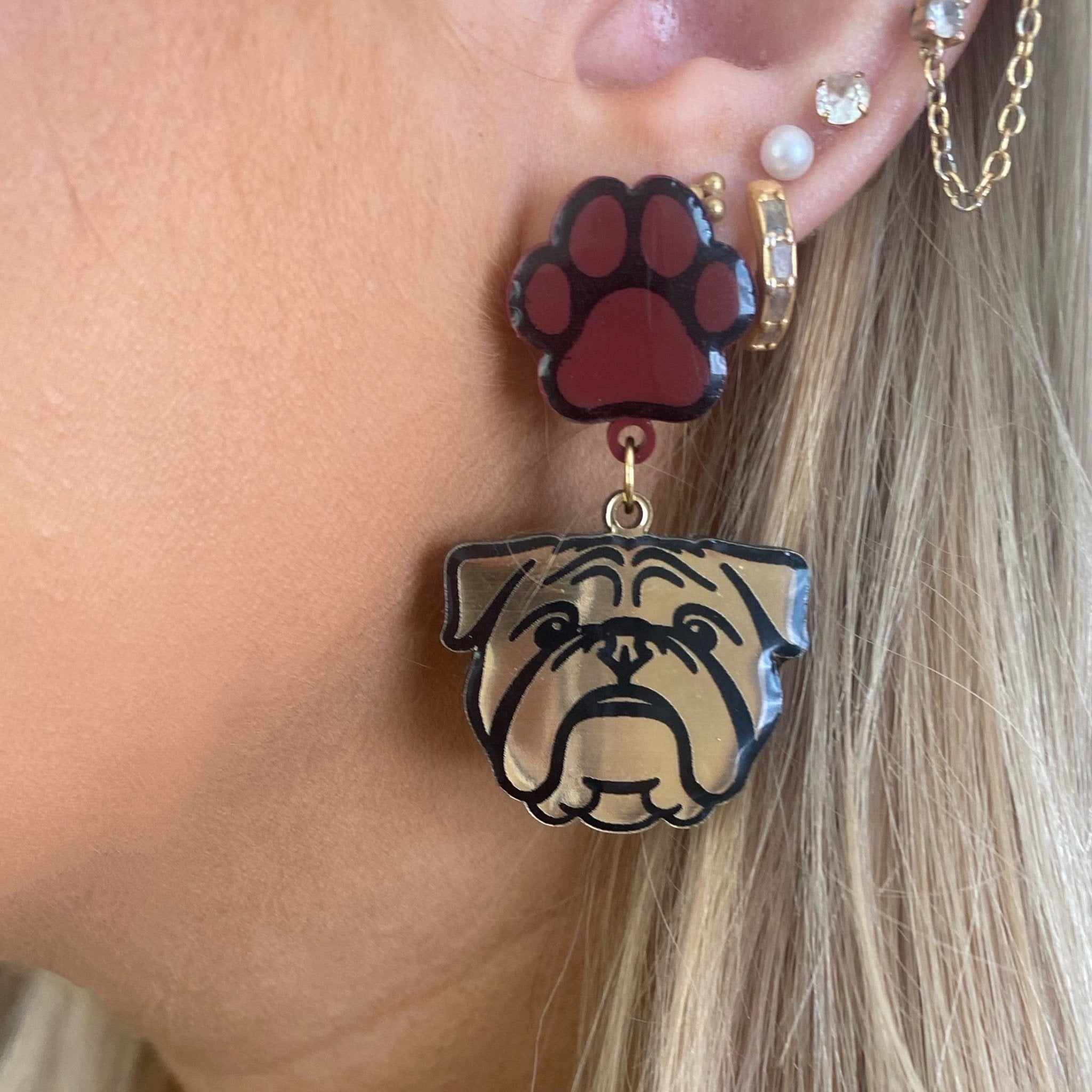 Bulldog Earrings: Gold Bulldog Face & Maroon Paw Print Drop Earrings by Main Street Collective