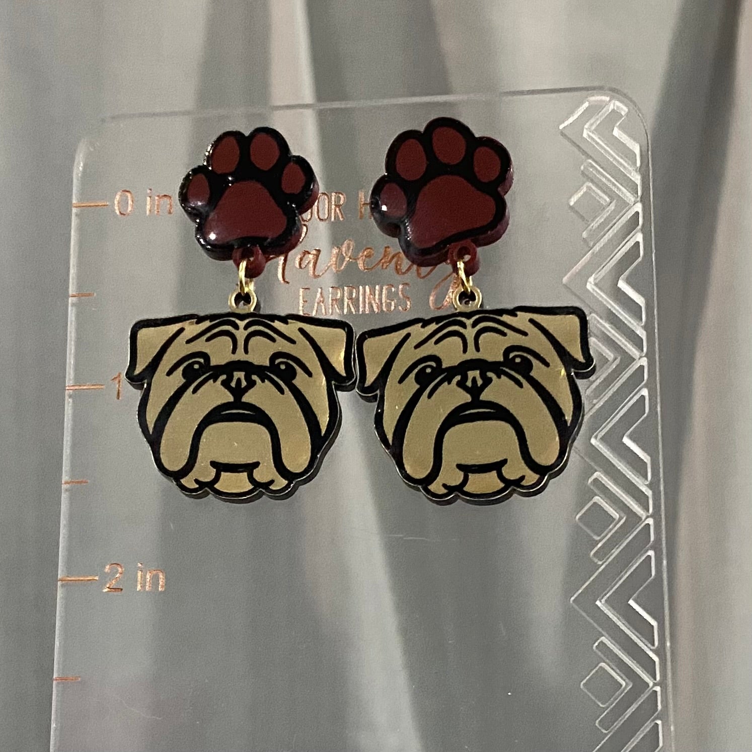 Gold Bulldog Earrings: Maroon Paw Print Acrylic Dangles - Dog Lover Gift