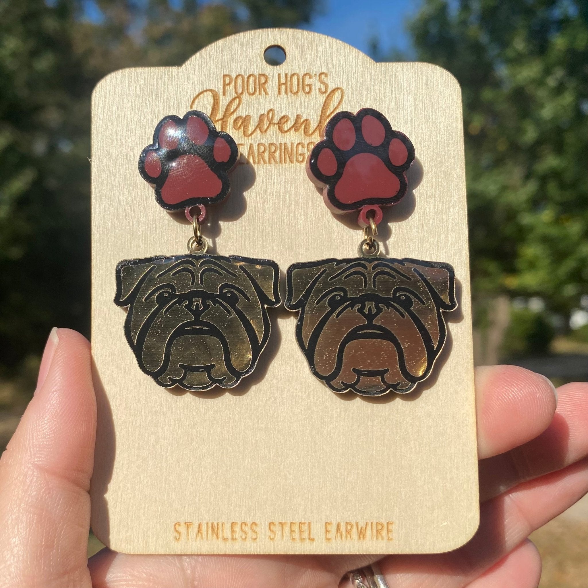 Bulldog Earrings: Maroon Paw Print & Mascot Face Acrylic Dangle Earrings - Stainless Steel Posts - Main Street Collective