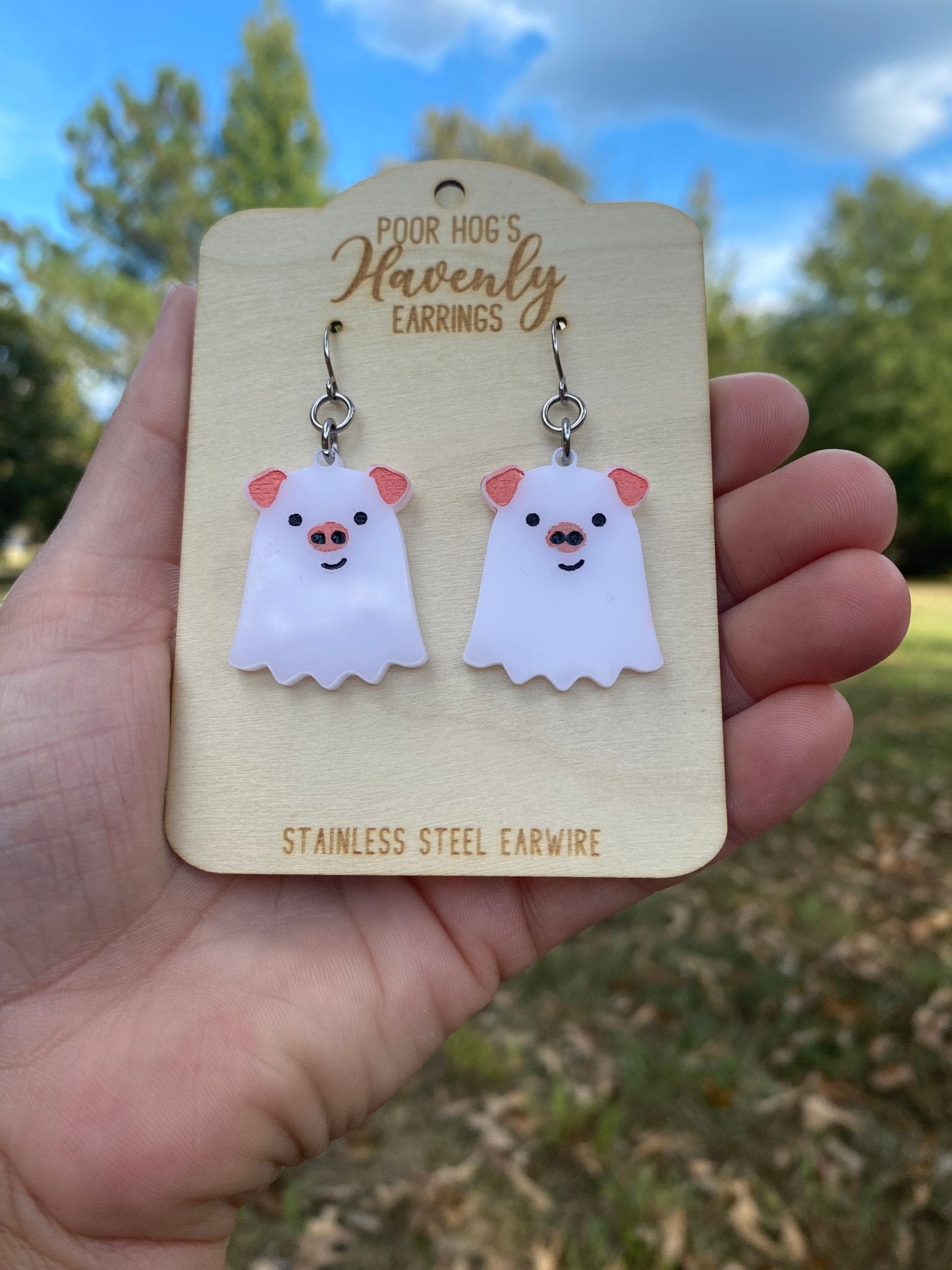 Pig Ghost Earrings – Spooky Cute Halloween Jewelry, Acrylic Dangle Earrings, Funny Pig Lover Gift, Handmade Statement Earrings