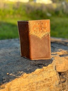 Custom Leather Long Wallet, Brown, Personalized, Monogrammed 'JS', Cross, Checkbook Style